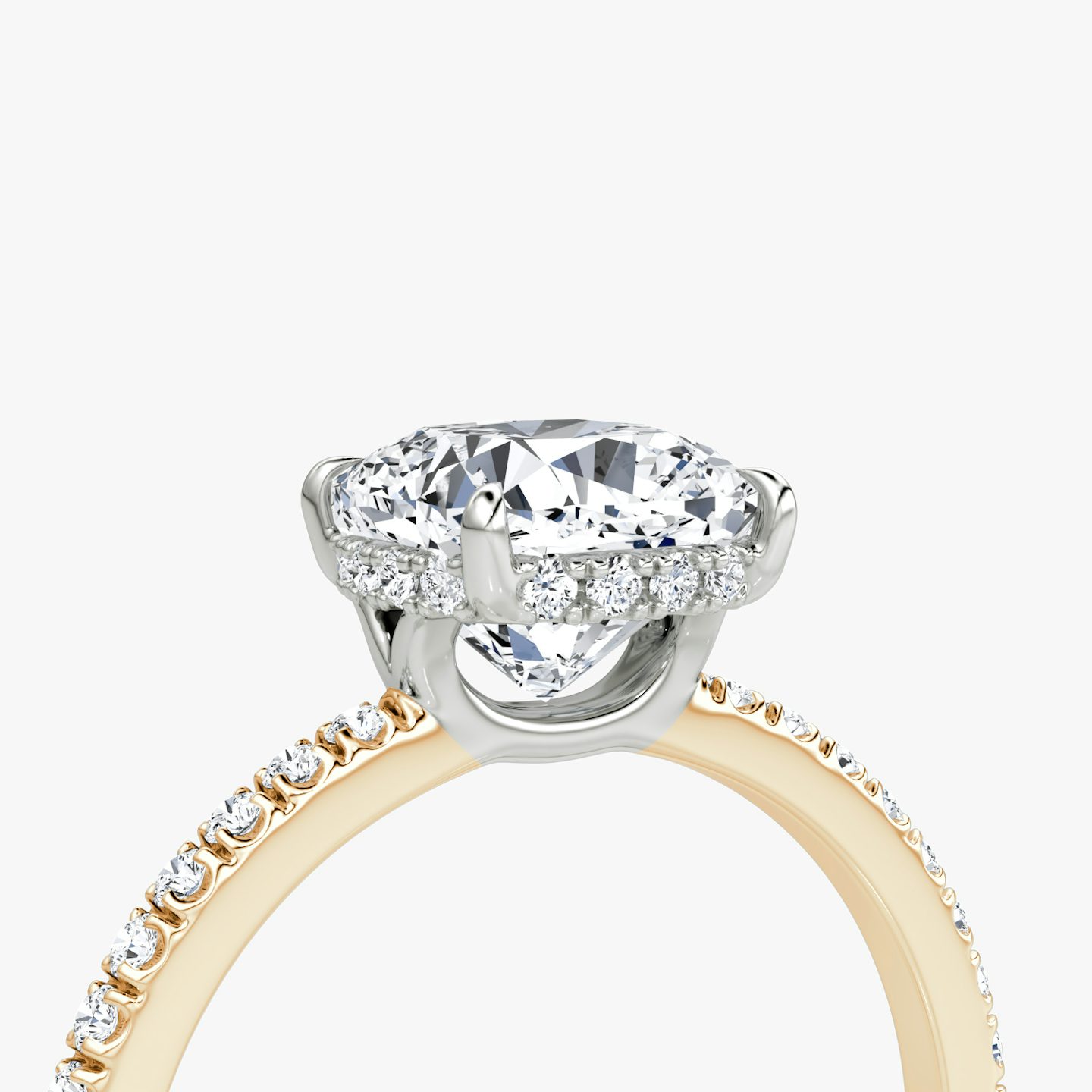 The Signature | Cushion | 14k | Rose Gold and Platinum | bandAccent: Pavé | bandWidth: standard | hiddenHalo: yes | diamondOrientation: vertical | caratWeight: other
