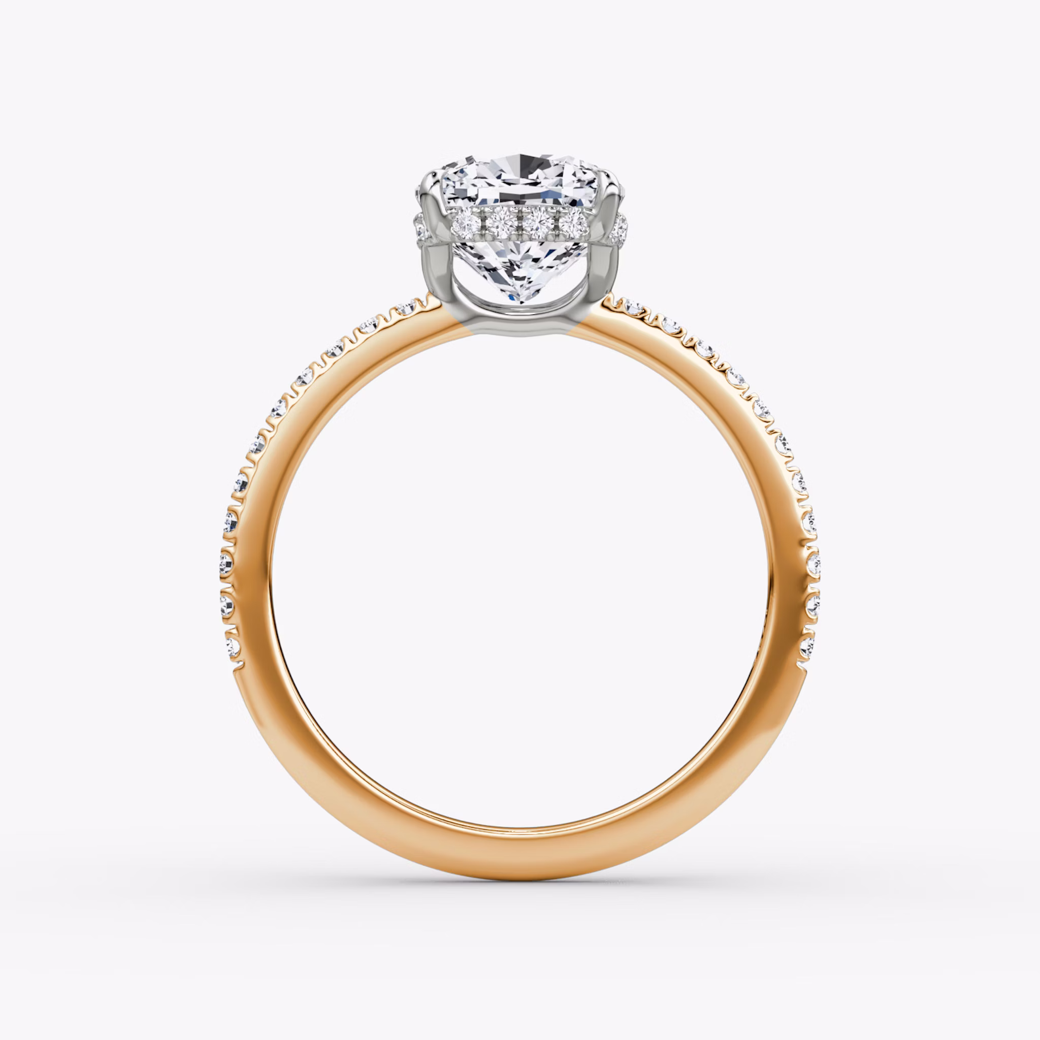 The Signature | Cushion | 14k | Rose Gold and Platinum | bandAccent: Pavé | bandWidth: standard | hiddenHalo: yes | diamondOrientation: vertical | caratWeight: other