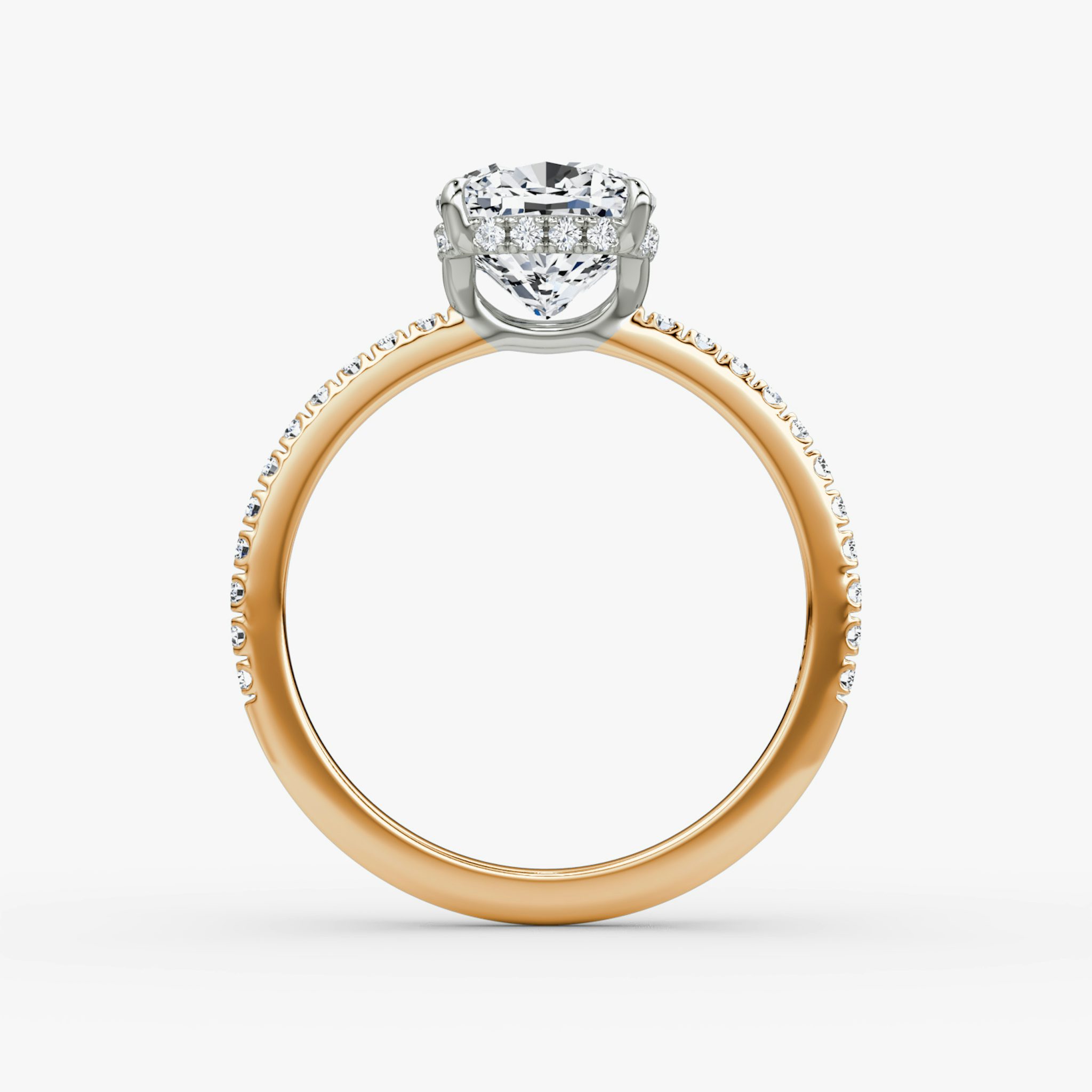 The Signature | Cushion | 14k | Rose Gold and Platinum | bandAccent: Pavé | bandWidth: standard | hiddenHalo: yes | diamondOrientation: vertical | caratWeight: other