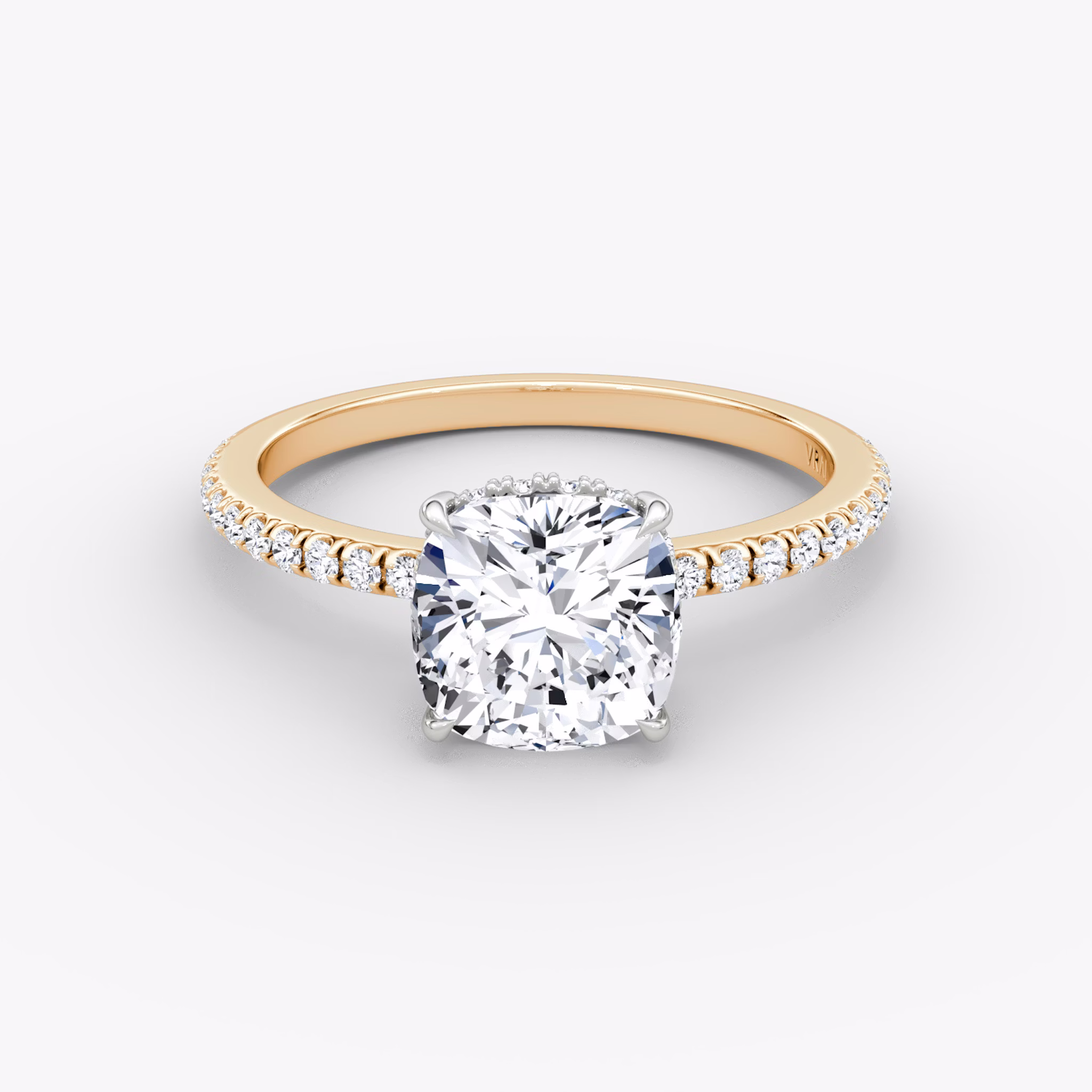 The Signature | Cushion | 14k | Rose Gold and Platinum | bandAccent: Pavé | bandWidth: standard | hiddenHalo: yes | diamondOrientation: vertical | caratWeight: other