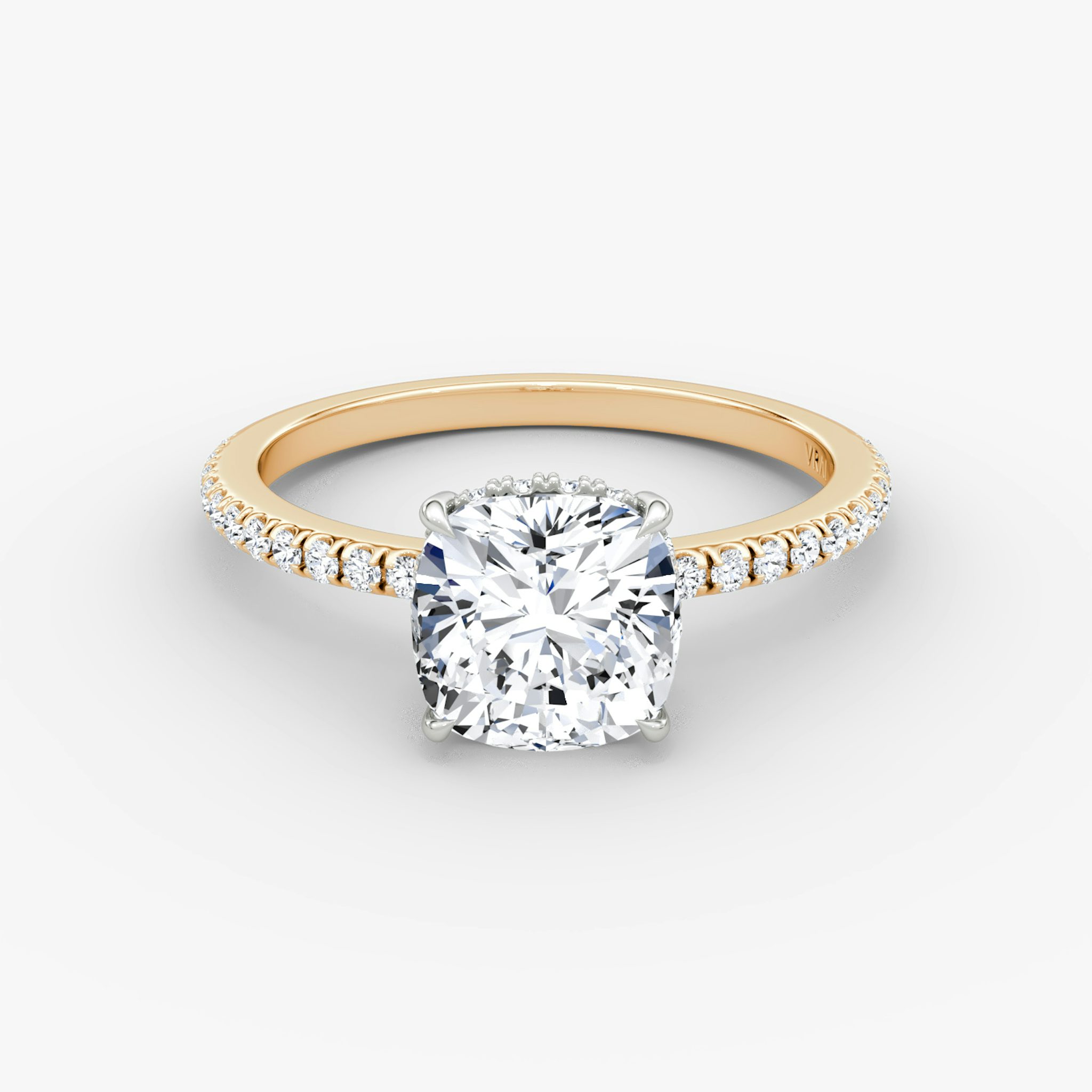 The Signature | Cushion | 14k | Rose Gold and Platinum | bandAccent: Pavé | bandWidth: standard | hiddenHalo: yes | diamondOrientation: vertical | caratWeight: other