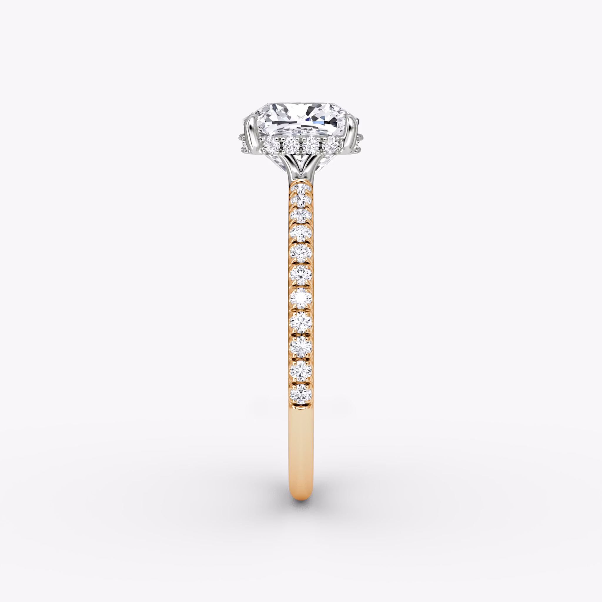 The Signature | Cushion | 14k | Rose Gold and Platinum | bandAccent: Pavé | bandWidth: standard | hiddenHalo: yes | diamondOrientation: vertical | caratWeight: other