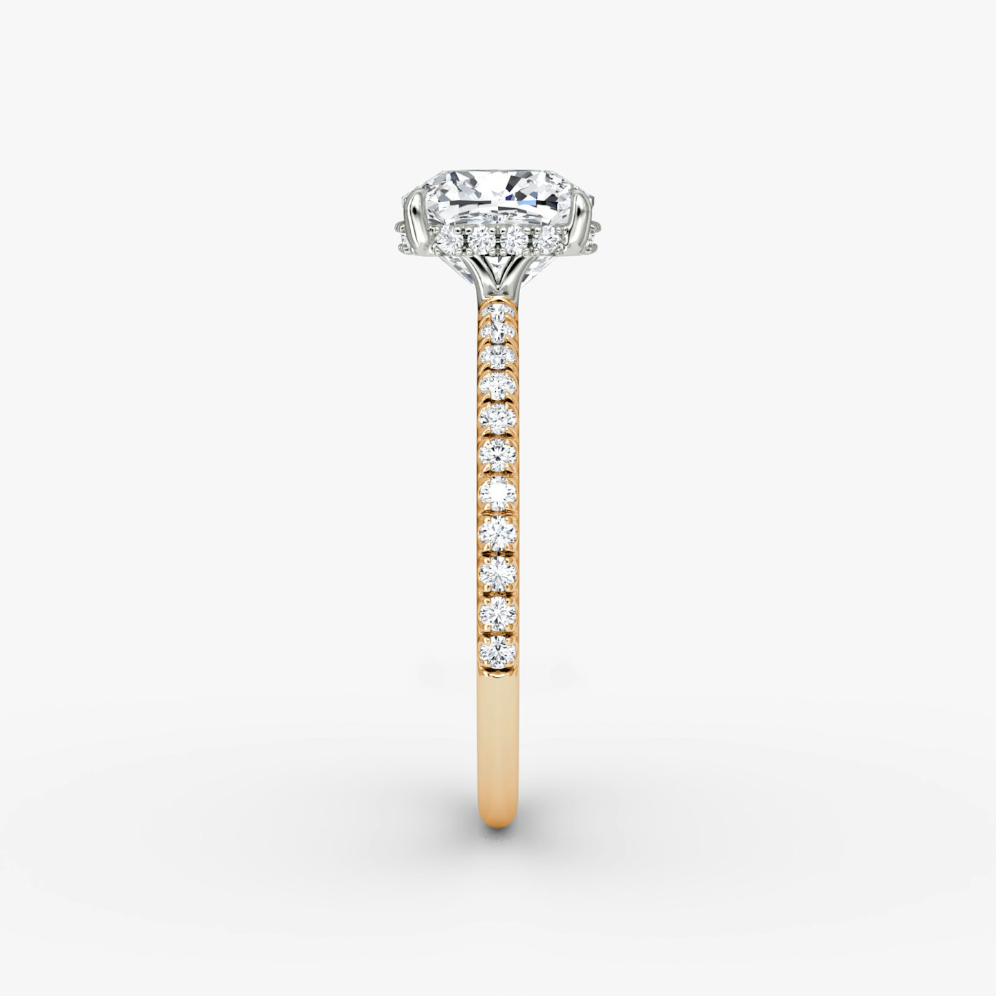 The Signature | Cushion | 14k | Rose Gold and Platinum | bandAccent: Pavé | bandWidth: standard | hiddenHalo: yes | diamondOrientation: vertical | caratWeight: other