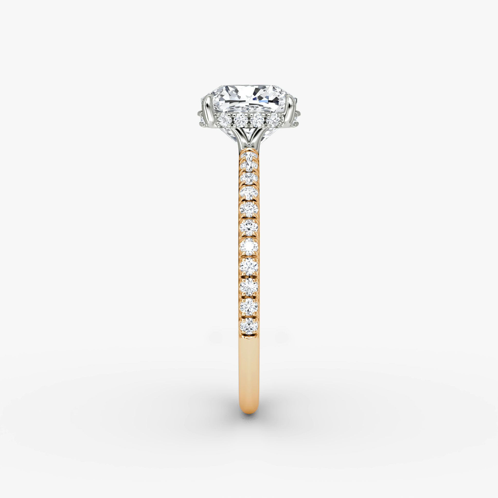The Signature | Cushion | 14k | Rose Gold and Platinum | bandAccent: Pavé | bandWidth: standard | hiddenHalo: yes | diamondOrientation: vertical | caratWeight: other