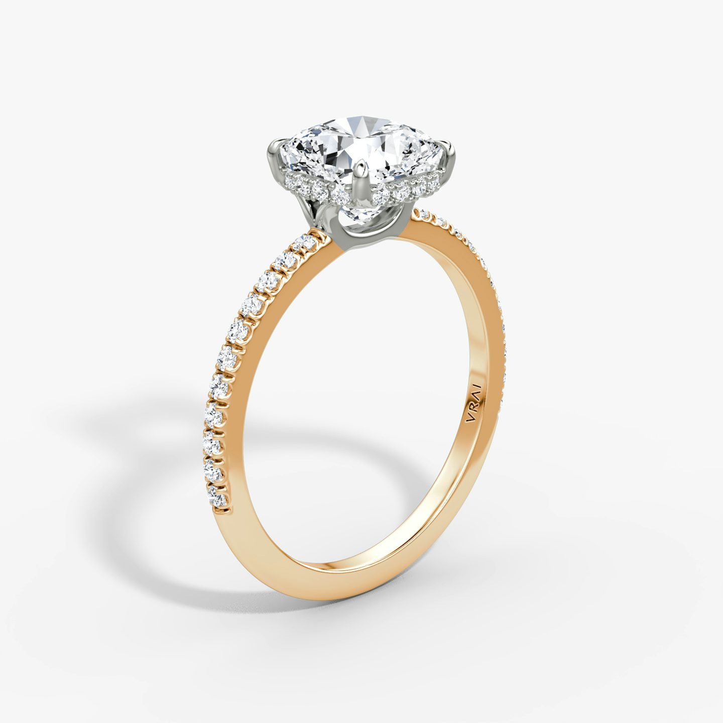 The Signature | Cushion | 14k | Rose Gold and Platinum | bandAccent: Pavé | bandWidth: standard | hiddenHalo: yes | diamondOrientation: vertical | caratWeight: other