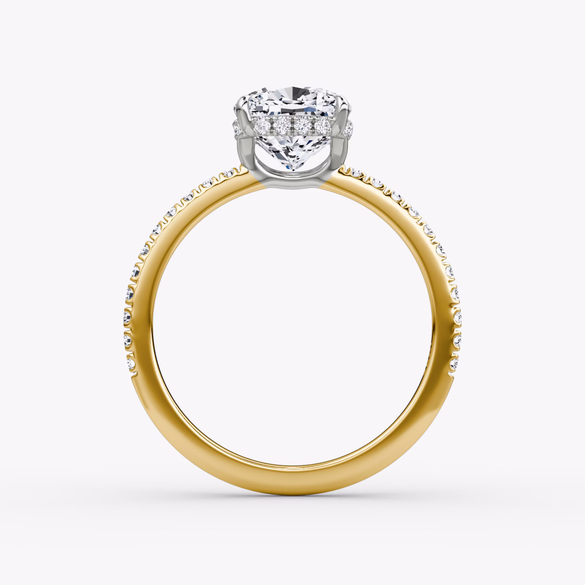 The Signature | Cushion | 18k | Yellow Gold and Platinum | bandAccent: Pavé | bandWidth: standard | hiddenHalo: yes | diamondOrientation: vertical | caratWeight: other