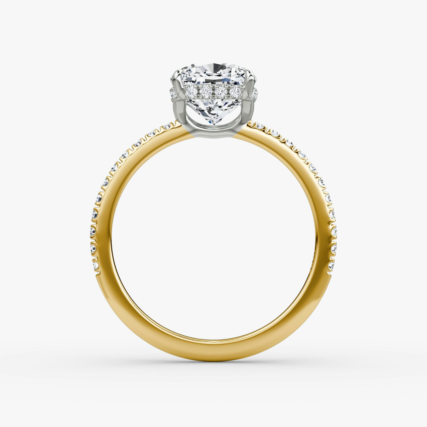 The Signature | Cushion | 18k | Yellow Gold and Platinum | bandAccent: Pavé | bandWidth: standard | hiddenHalo: yes | diamondOrientation: vertical | caratWeight: other