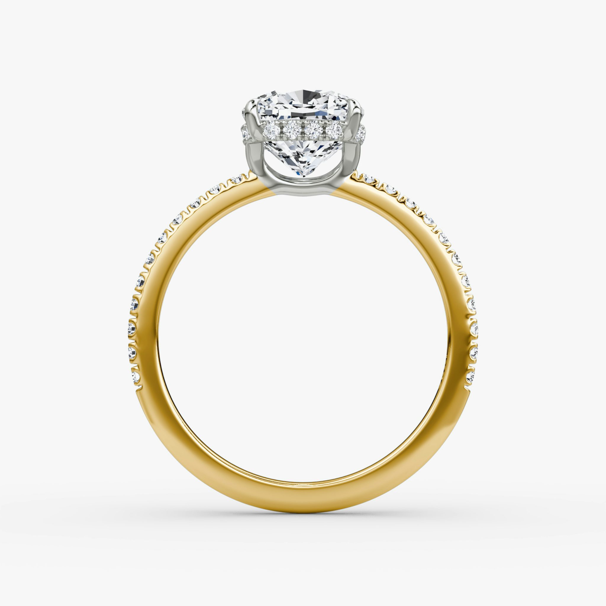 The Signature | Cushion | 18k | Yellow Gold and Platinum | bandAccent: Pavé | bandWidth: standard | hiddenHalo: yes | diamondOrientation: vertical | caratWeight: other