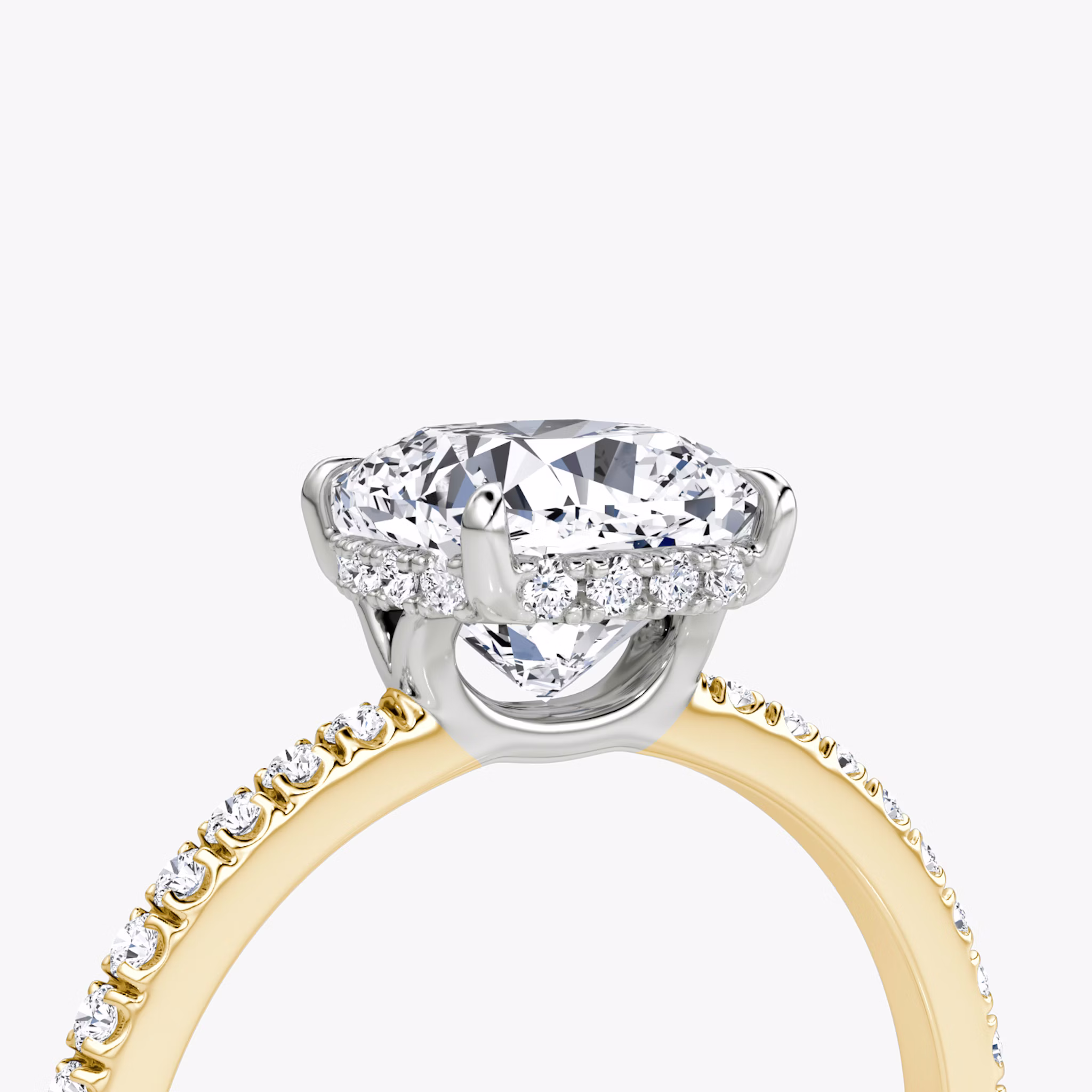 The Signature | Cushion | 18k | Yellow Gold and Platinum | bandAccent: Pavé | bandWidth: standard | hiddenHalo: yes | diamondOrientation: vertical | caratWeight: other