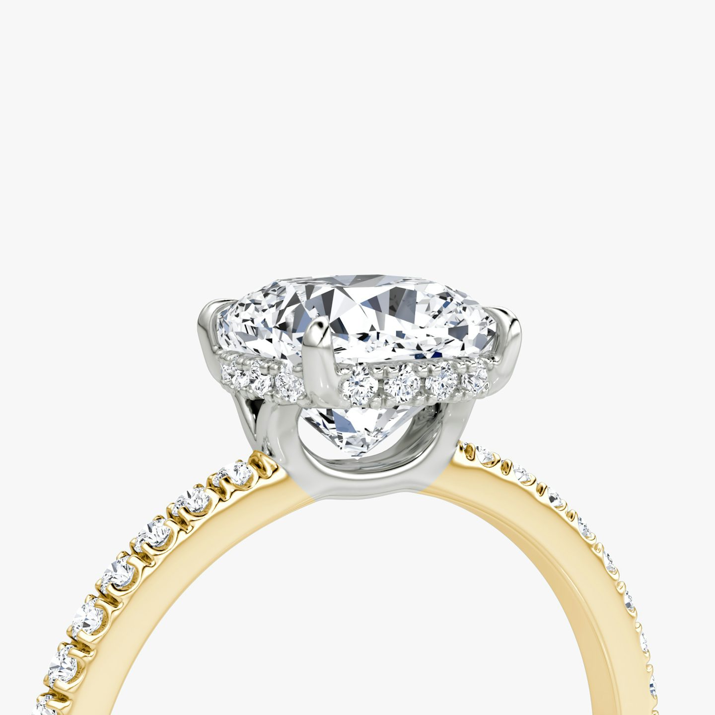 The Signature | Cushion | 18k | Yellow Gold and Platinum | bandAccent: Pavé | bandWidth: standard | hiddenHalo: yes | diamondOrientation: vertical | caratWeight: other