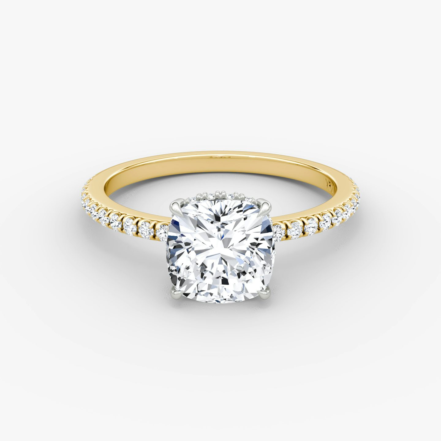The Signature | Cushion | 18k | Yellow Gold and Platinum | bandAccent: Pavé | bandWidth: standard | hiddenHalo: yes | diamondOrientation: vertical | caratWeight: other