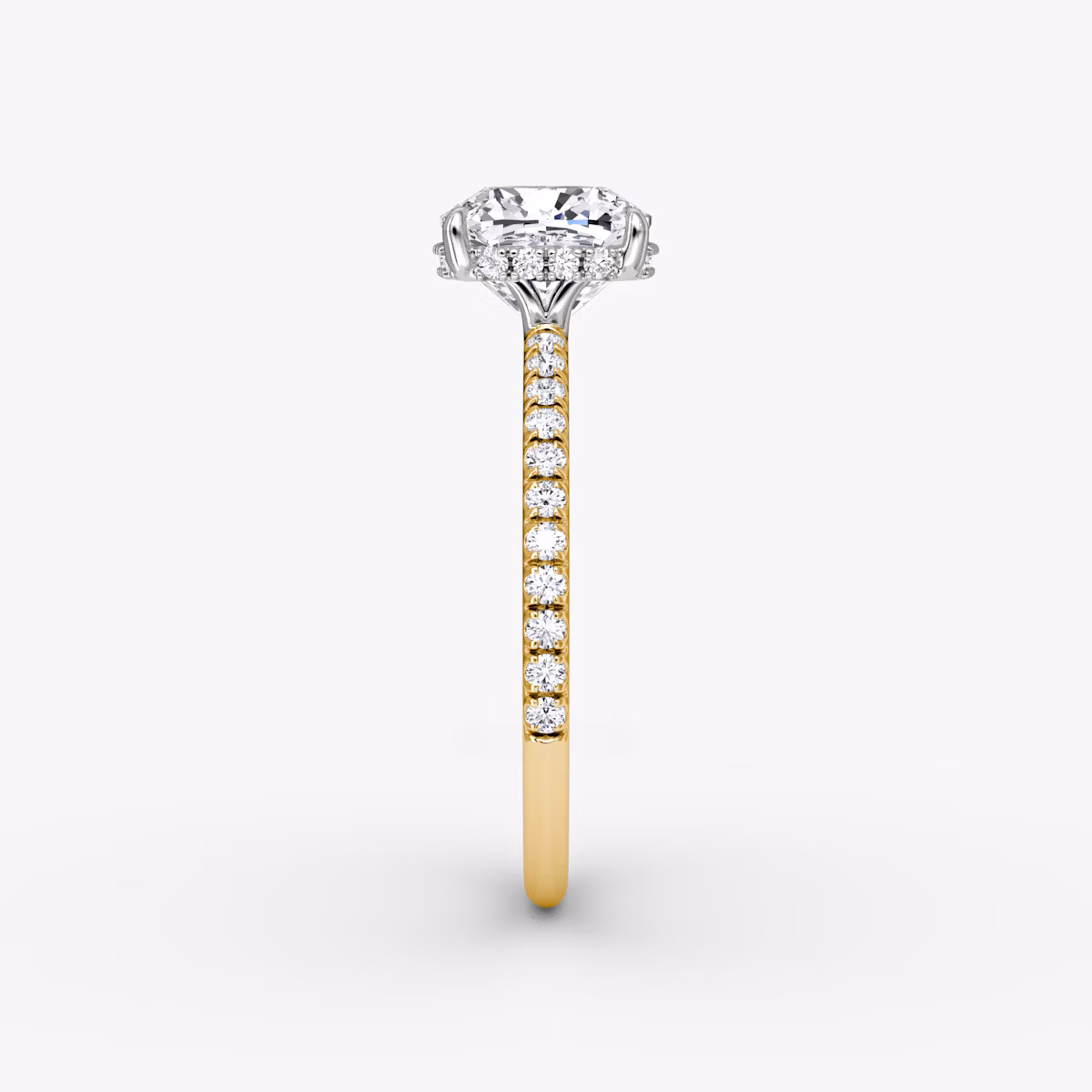 The Signature | Cushion | 18k | Yellow Gold and Platinum | bandAccent: Pavé | bandWidth: standard | hiddenHalo: yes | diamondOrientation: vertical | caratWeight: other