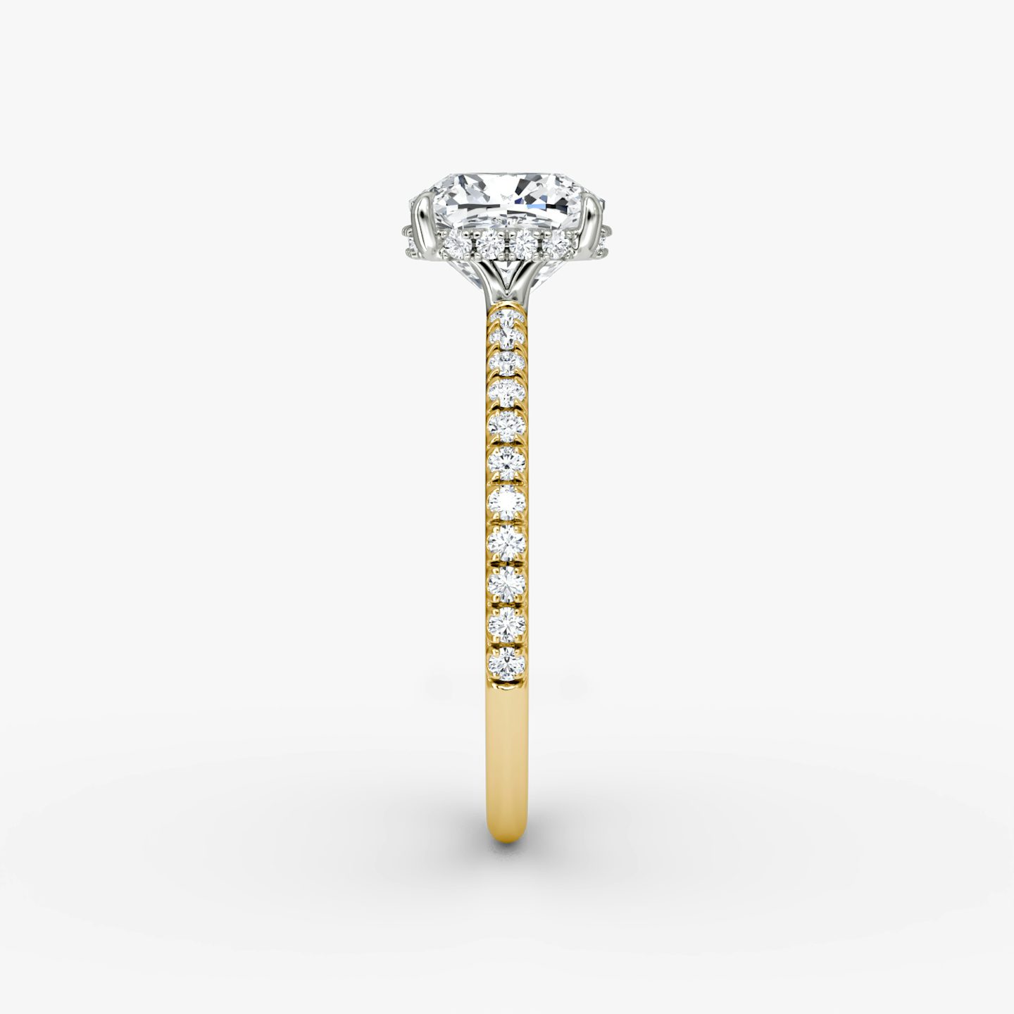 The Signature | Cushion | 18k | Yellow Gold and Platinum | bandAccent: Pavé | bandWidth: standard | hiddenHalo: yes | diamondOrientation: vertical | caratWeight: other