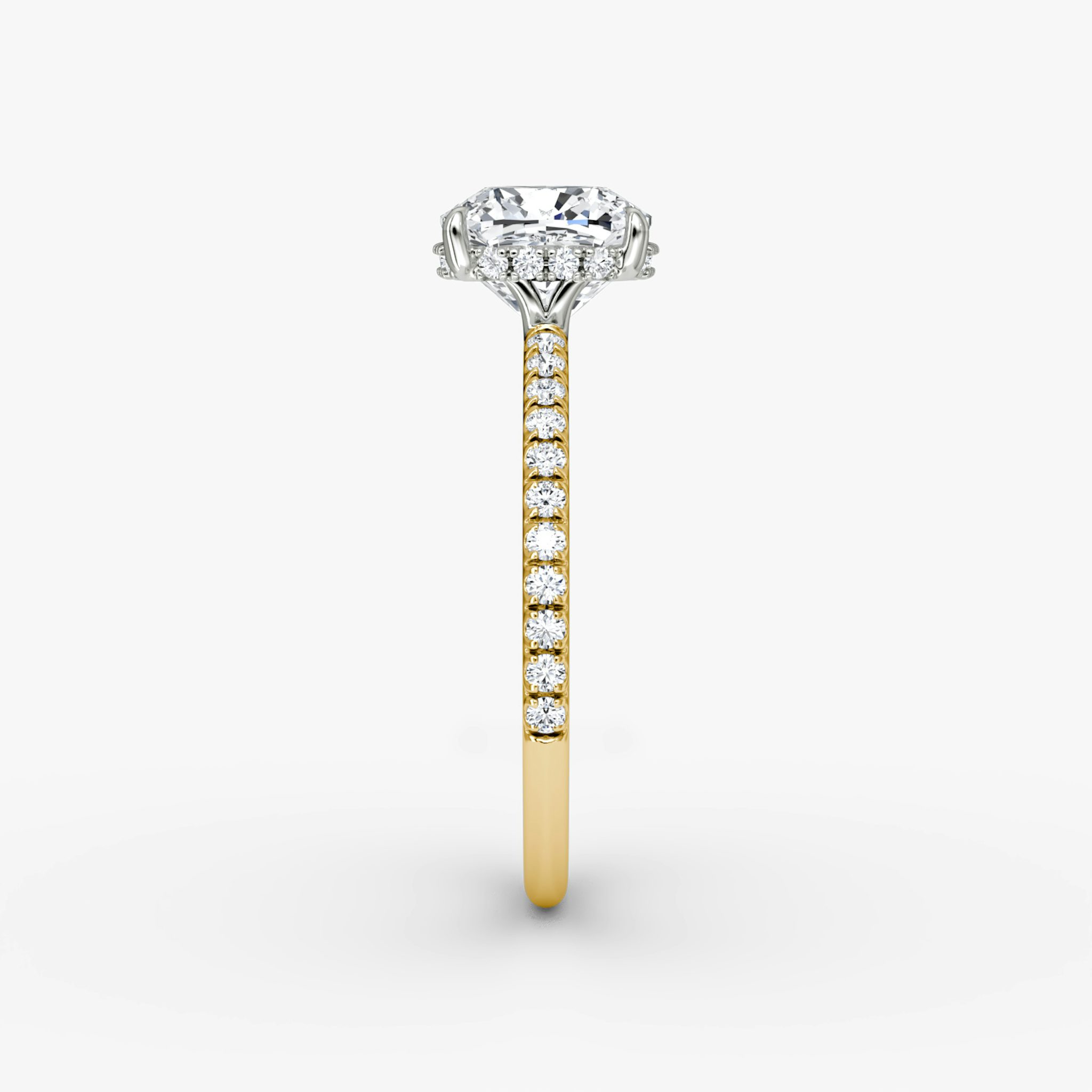 The Signature | Cushion | 18k | Yellow Gold and Platinum | bandAccent: Pavé | bandWidth: standard | hiddenHalo: yes | diamondOrientation: vertical | caratWeight: other