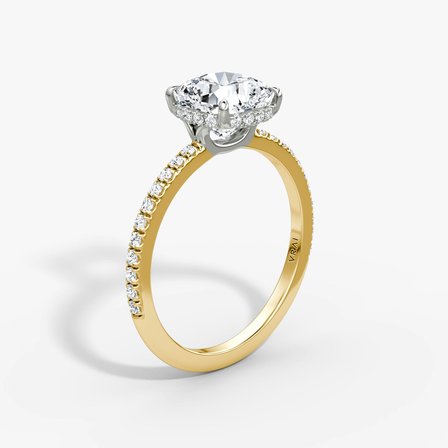 The Signature | Cushion | 18k | Yellow Gold and Platinum | bandAccent: Pavé | bandWidth: standard | hiddenHalo: yes | diamondOrientation: vertical | caratWeight: other