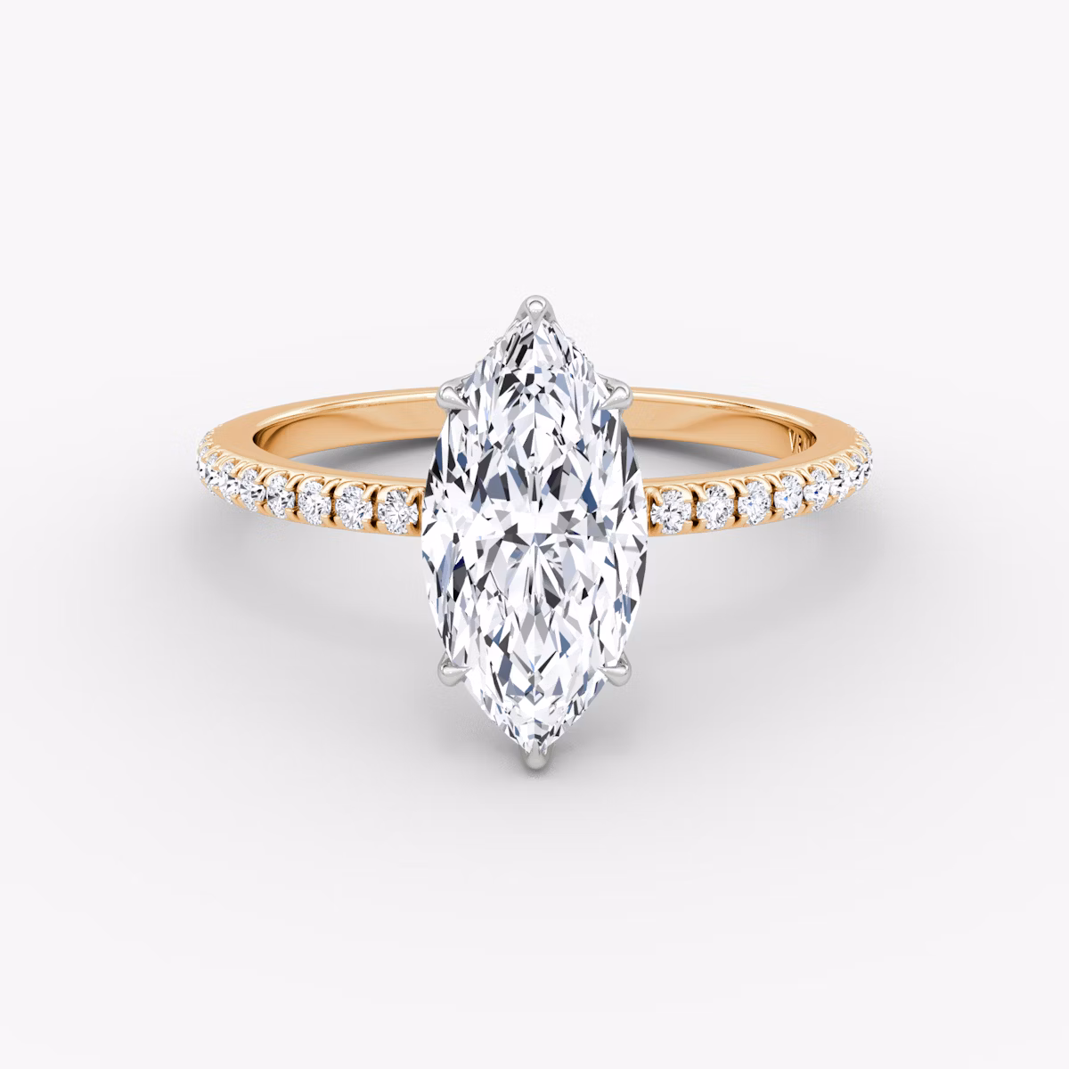 The Signature | Marquise | 14k | Rose Gold and Platinum | bandAccent: Pavé | bandWidth: standard | hiddenHalo: yes | diamondOrientation: vertical | caratWeight: other