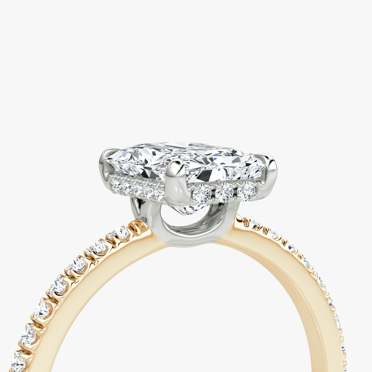 The Signature | Radiant | 14k | Rose Gold and Platinum | bandAccent: Pavé | bandWidth: standard | hiddenHalo: yes | diamondOrientation: vertical | caratWeight: other
