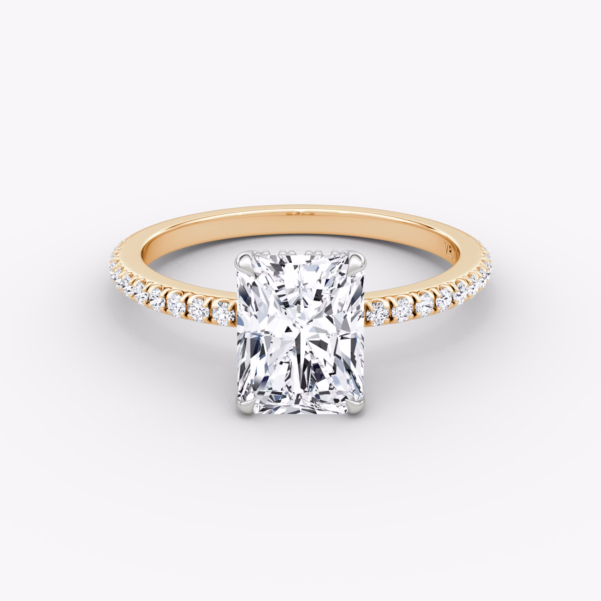 The Signature | Radiant | 14k | Rose Gold and Platinum | bandAccent: Pavé | bandWidth: standard | hiddenHalo: yes | diamondOrientation: vertical | caratWeight: other
