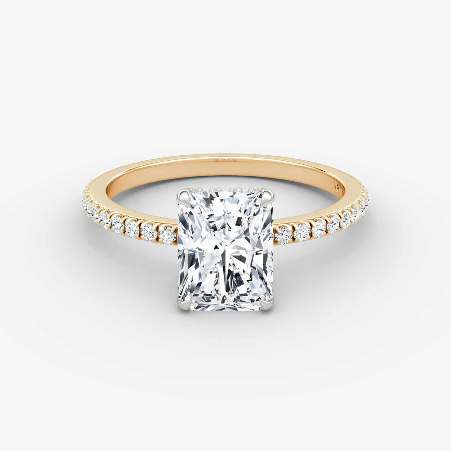 The Signature | Radiant | 14k | Rose Gold and Platinum | bandAccent: Pavé | bandWidth: standard | hiddenHalo: yes | diamondOrientation: vertical | caratWeight: other