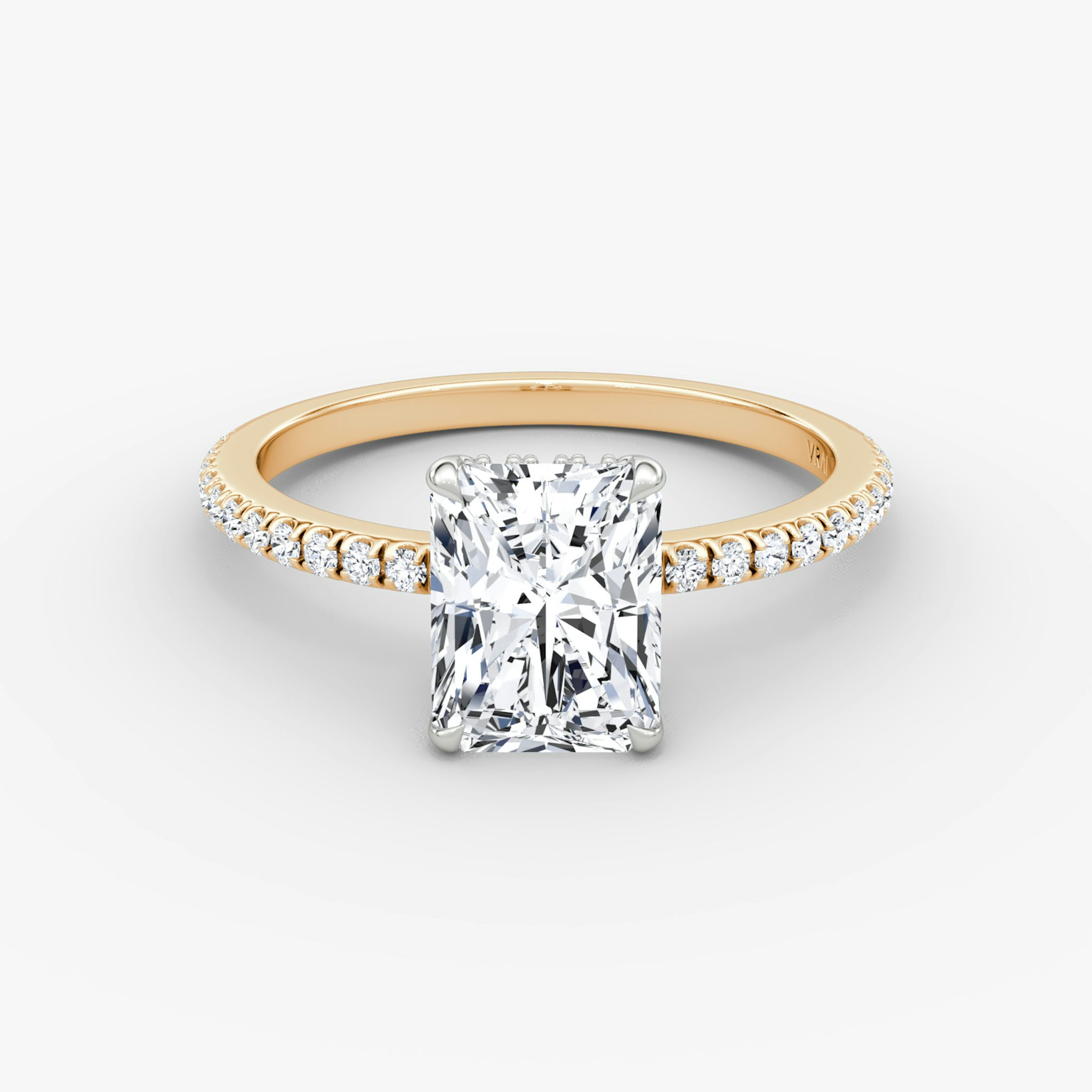 The Signature | Radiant | 14k | Rose Gold and Platinum | bandAccent: Pavé | bandWidth: standard | hiddenHalo: yes | diamondOrientation: vertical | caratWeight: other