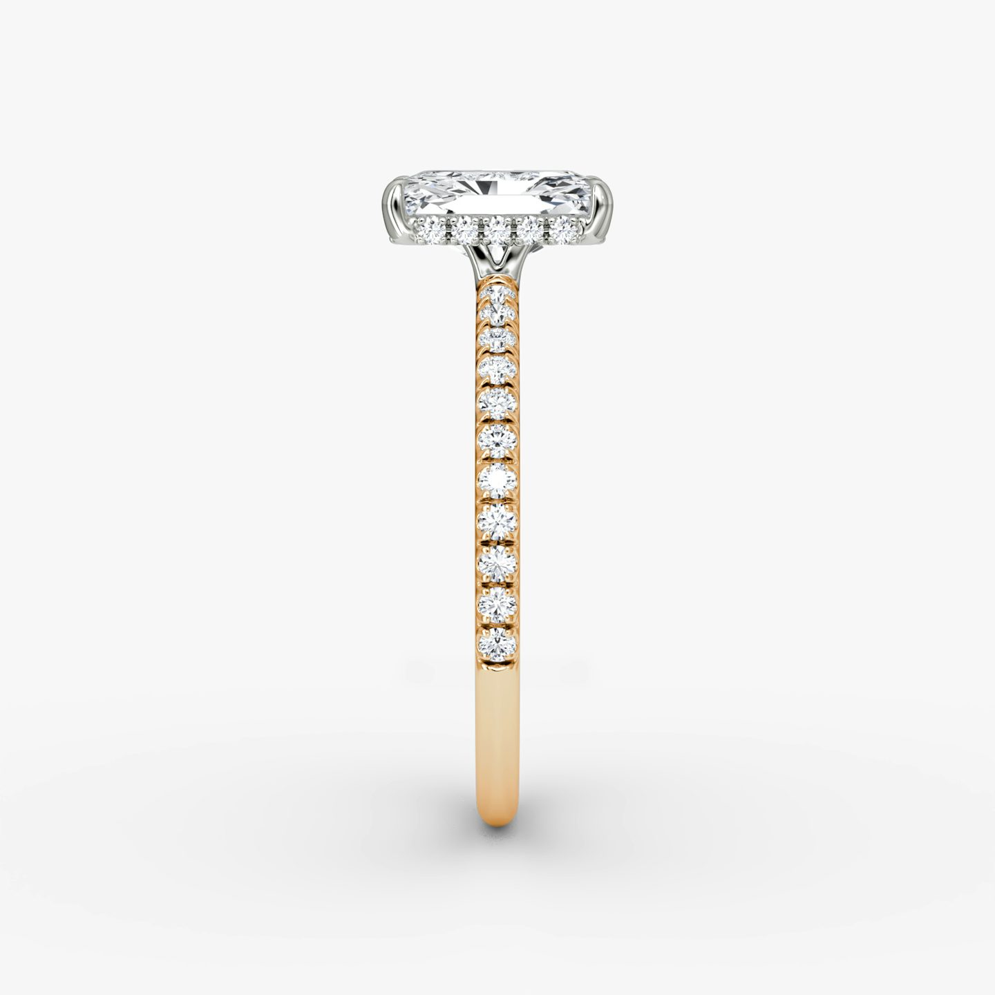 The Signature | Radiant | 14k | Rose Gold and Platinum | bandAccent: Pavé | bandWidth: standard | hiddenHalo: yes | diamondOrientation: vertical | caratWeight: other