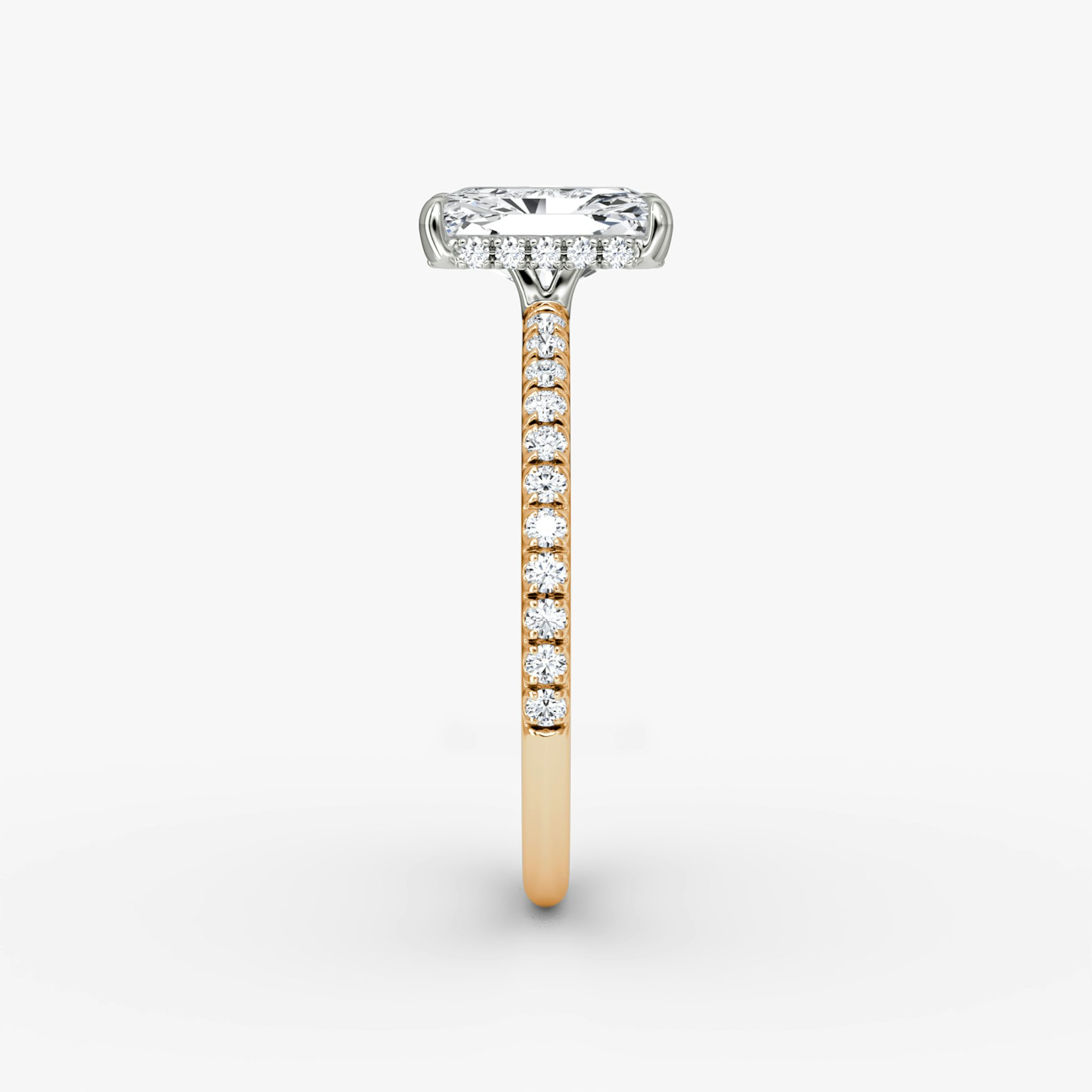 The Signature | Radiant | 14k | Rose Gold and Platinum | bandAccent: Pavé | bandWidth: standard | hiddenHalo: yes | diamondOrientation: vertical | caratWeight: other