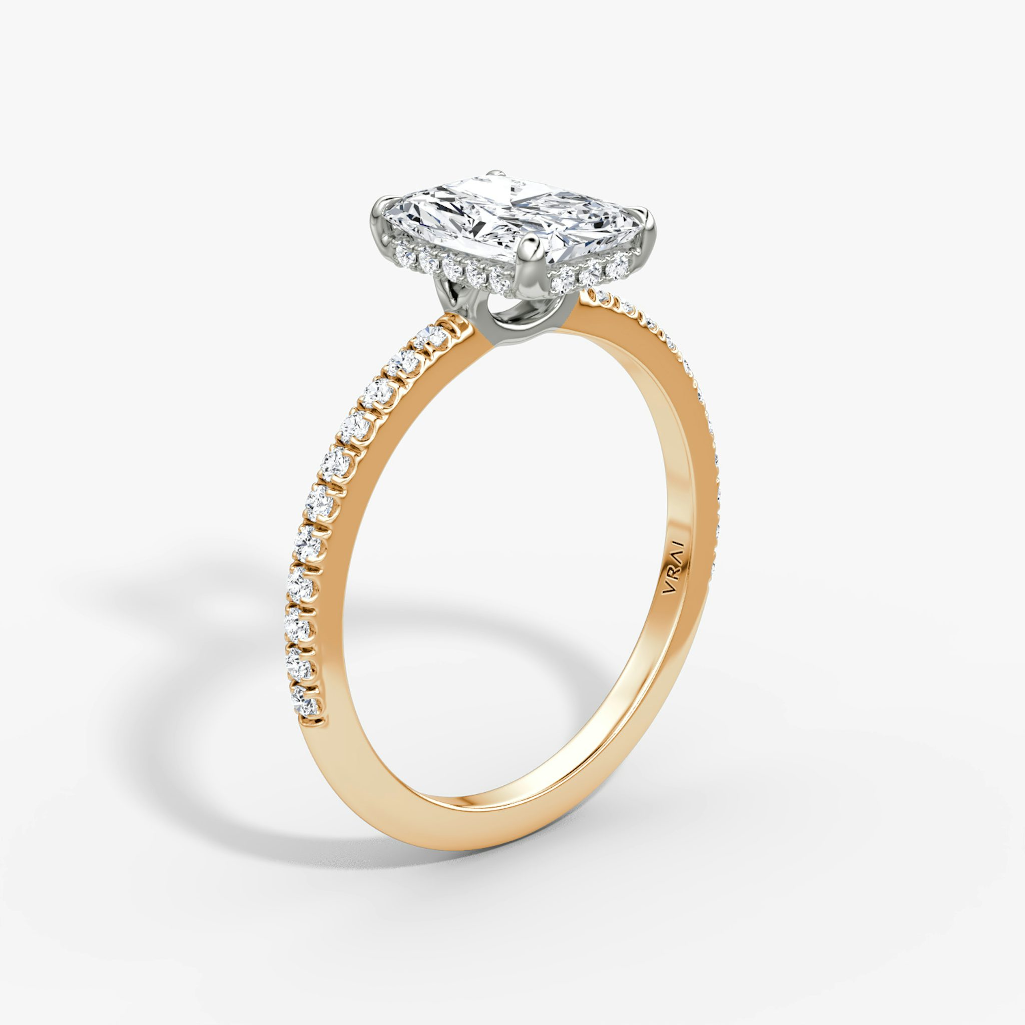 The Signature | Radiant | 14k | Rose Gold and Platinum | bandAccent: Pavé | bandWidth: standard | hiddenHalo: yes | diamondOrientation: vertical | caratWeight: other