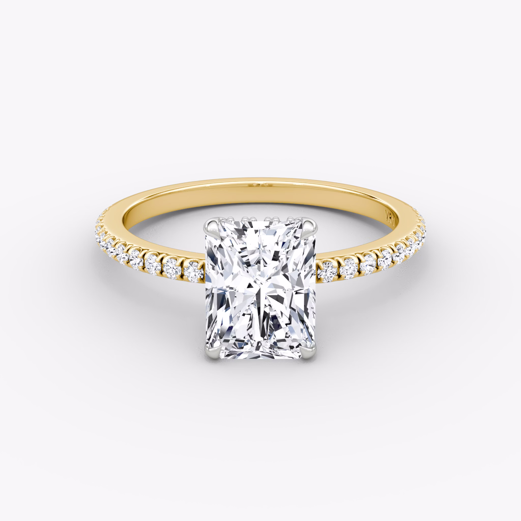 The Signature | Radiant | 18k | Yellow Gold and Platinum | bandAccent: Pavé | bandWidth: standard | hiddenHalo: yes | diamondOrientation: vertical | caratWeight: other