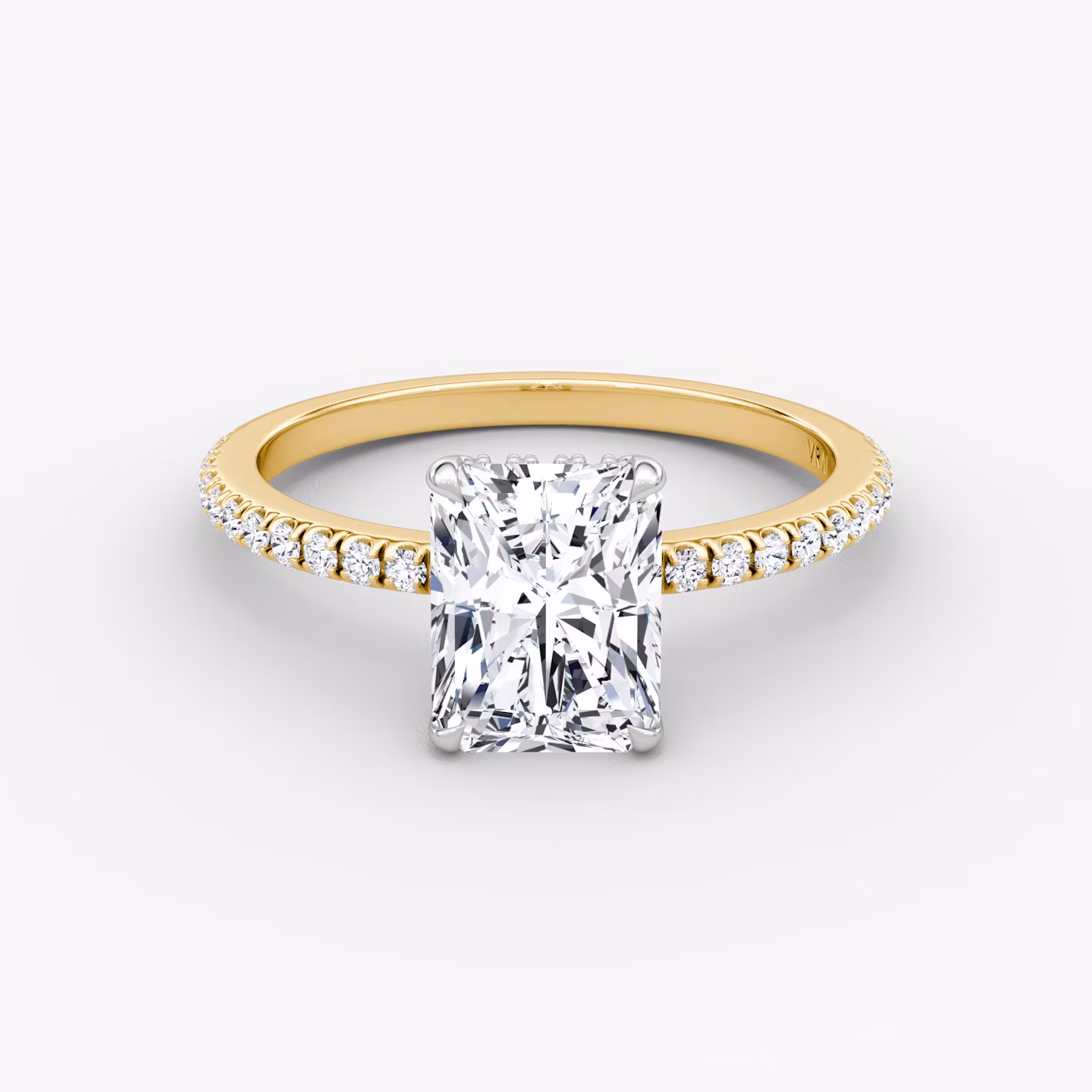 The Signature | Radiant | 18k | Yellow Gold and Platinum | bandAccent: Pavé | bandWidth: standard | hiddenHalo: yes | diamondOrientation: vertical | caratWeight: other