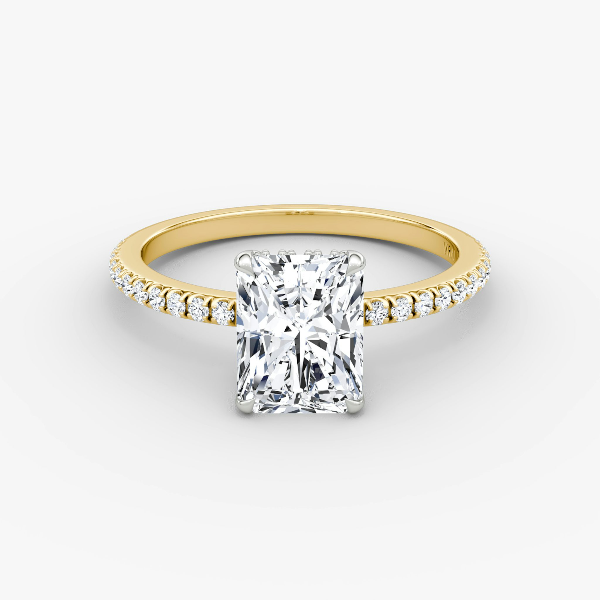 The Signature | Radiant | 18k | Yellow Gold and Platinum | bandAccent: Pavé | bandWidth: standard | hiddenHalo: yes | diamondOrientation: vertical | caratWeight: other