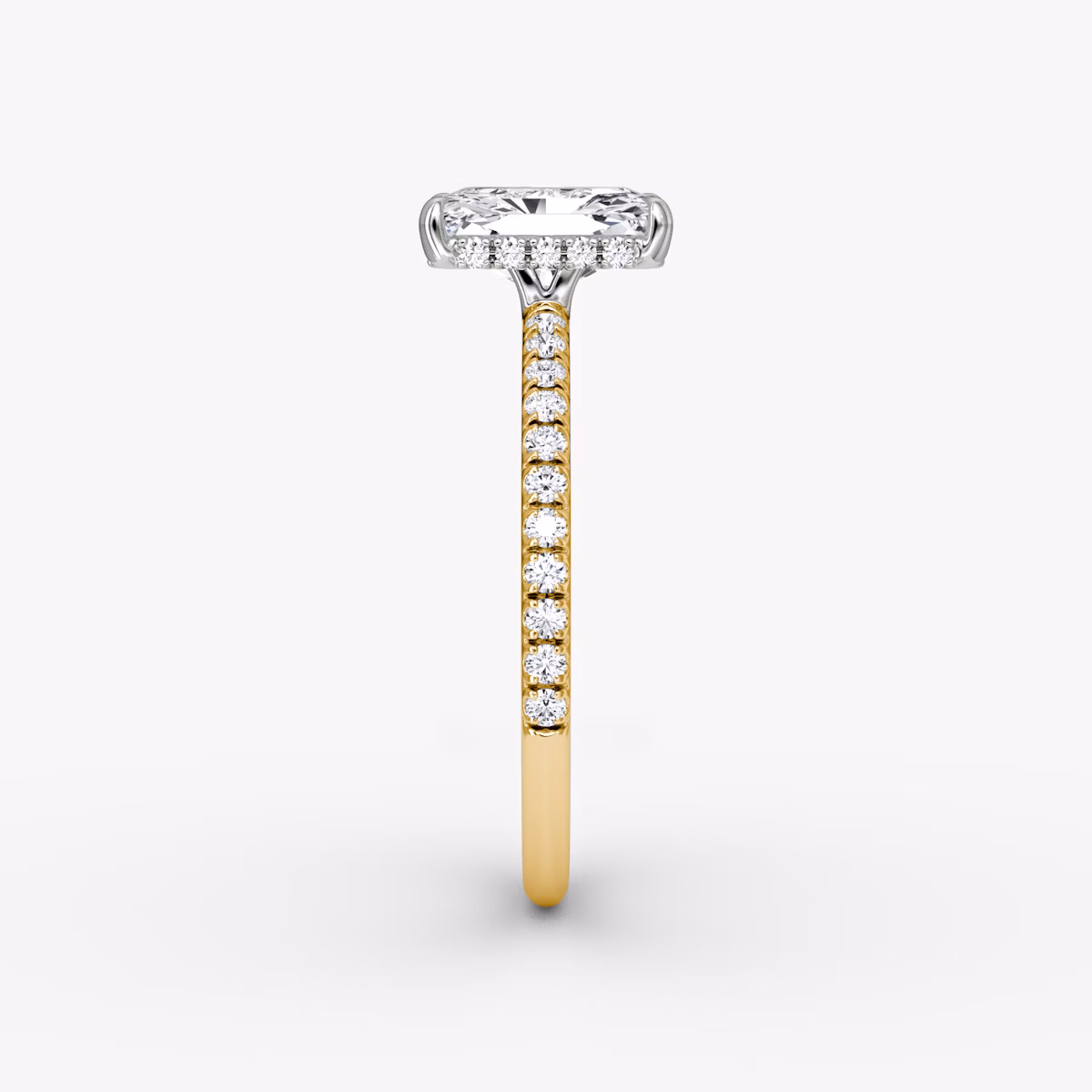The Signature | Radiant | 18k | Yellow Gold and Platinum | bandAccent: Pavé | bandWidth: standard | hiddenHalo: yes | diamondOrientation: vertical | caratWeight: other