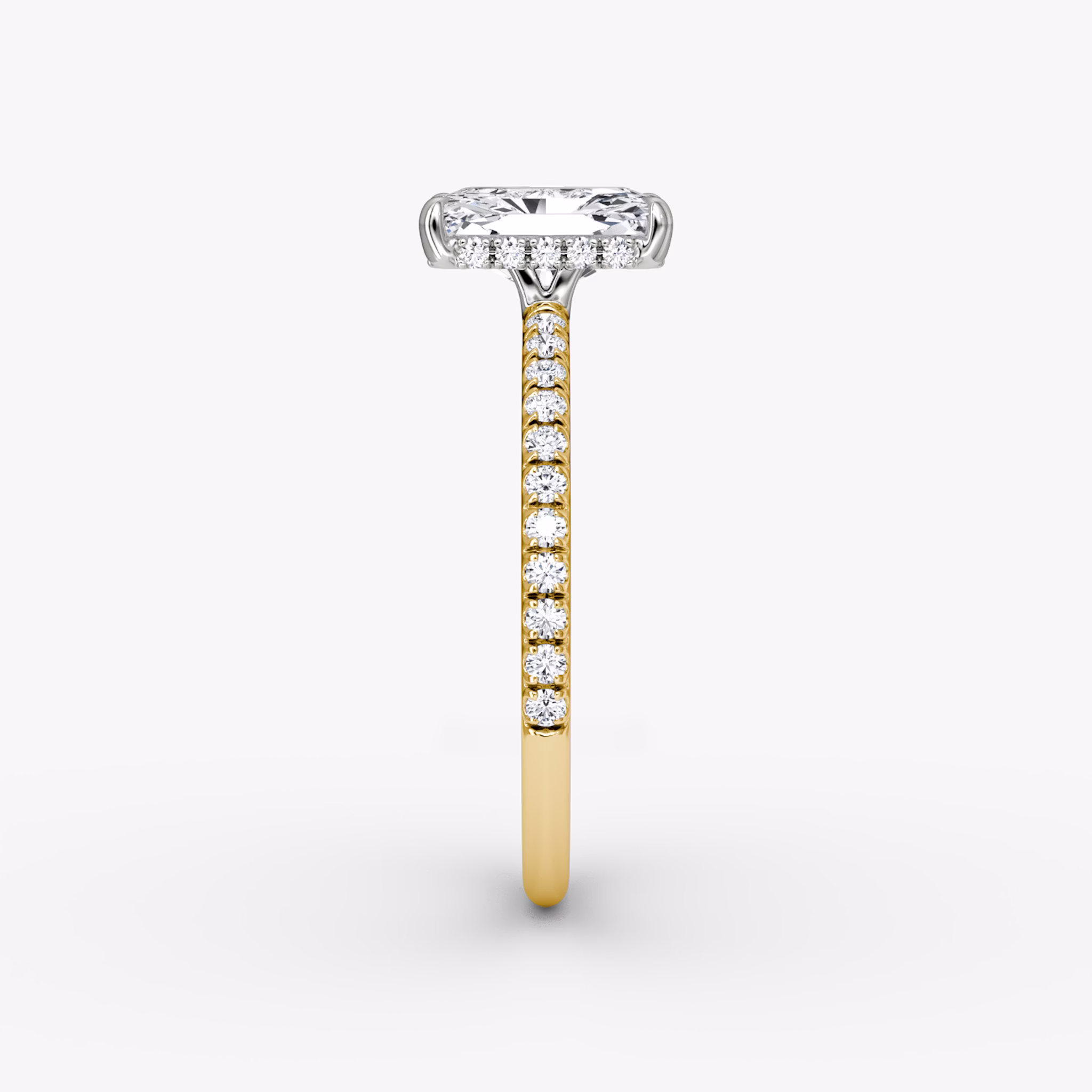 The Signature | Radiant | 18k | Yellow Gold and Platinum | bandAccent: Pavé | bandWidth: standard | hiddenHalo: yes | diamondOrientation: vertical | caratWeight: other