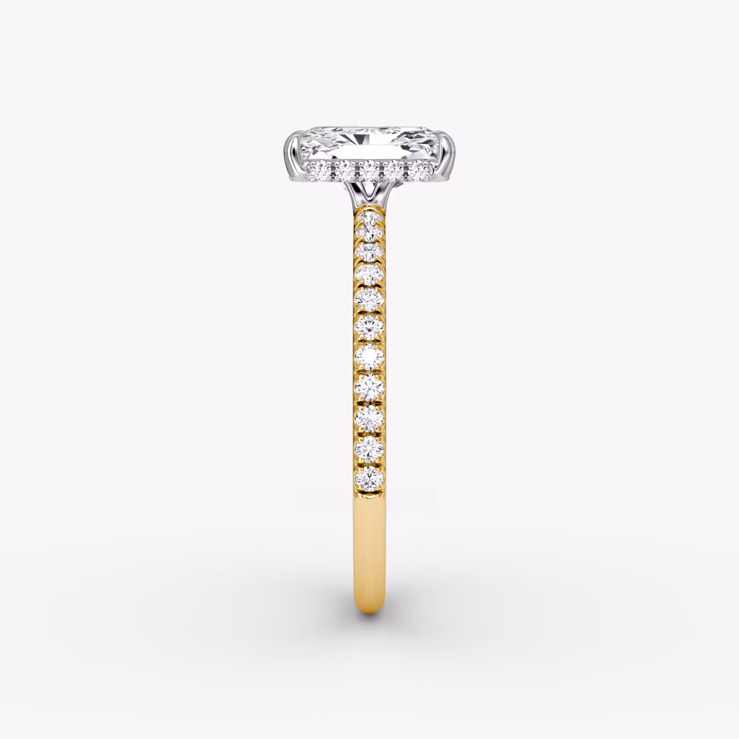 The Signature | Radiant | 18k | Yellow Gold and Platinum | bandAccent: Pavé | bandWidth: standard | hiddenHalo: yes | diamondOrientation: vertical | caratWeight: other