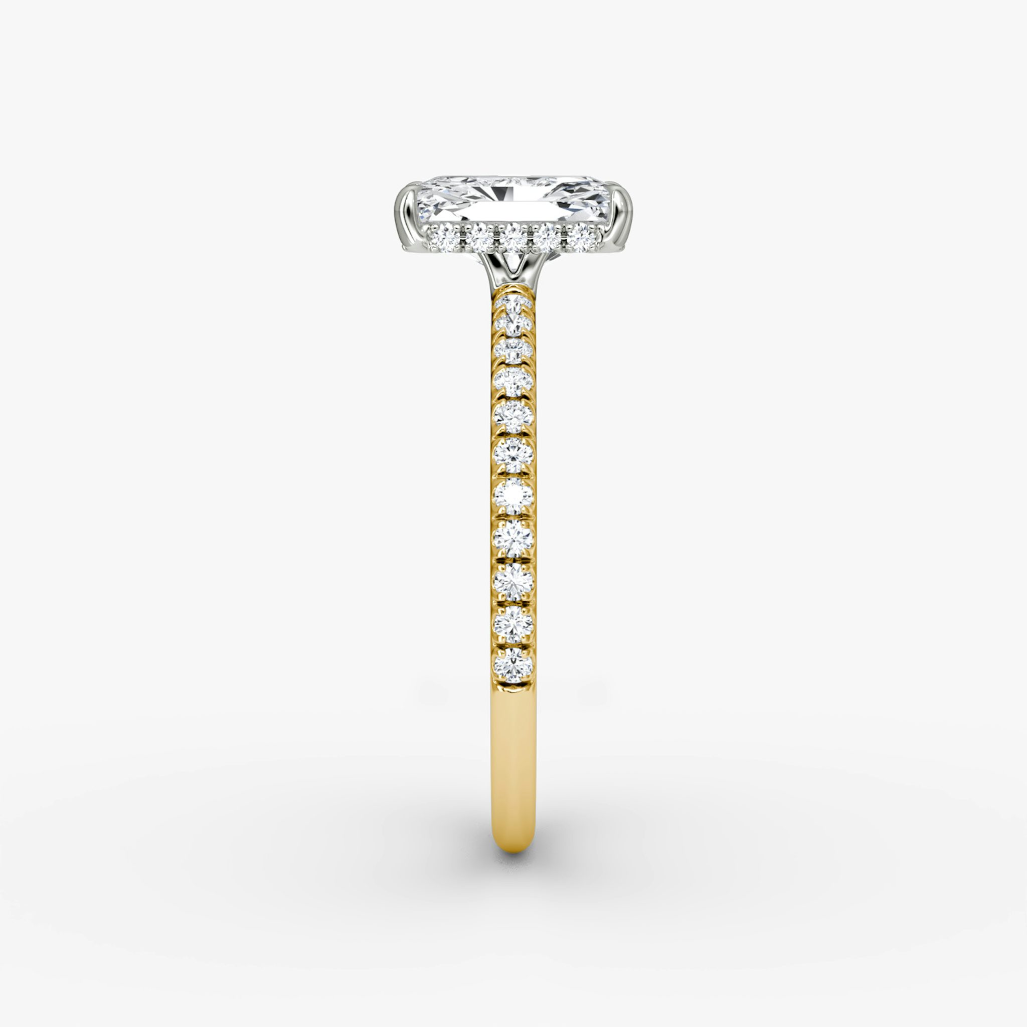 The Signature | Radiant | 18k | Yellow Gold and Platinum | bandAccent: Pavé | bandWidth: standard | hiddenHalo: yes | diamondOrientation: vertical | caratWeight: other