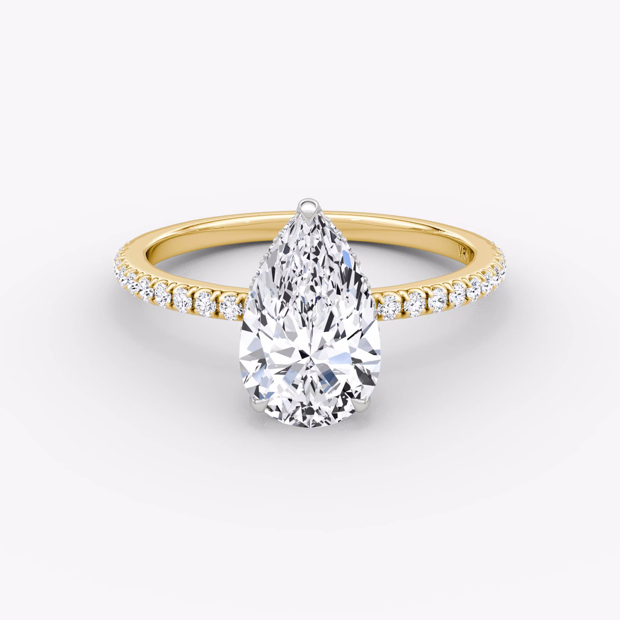 The Signature | Pear | 18k | Yellow Gold and Platinum | bandAccent: Pavé | bandWidth: standard | hiddenHalo: yes | diamondOrientation: vertical | caratWeight: other
