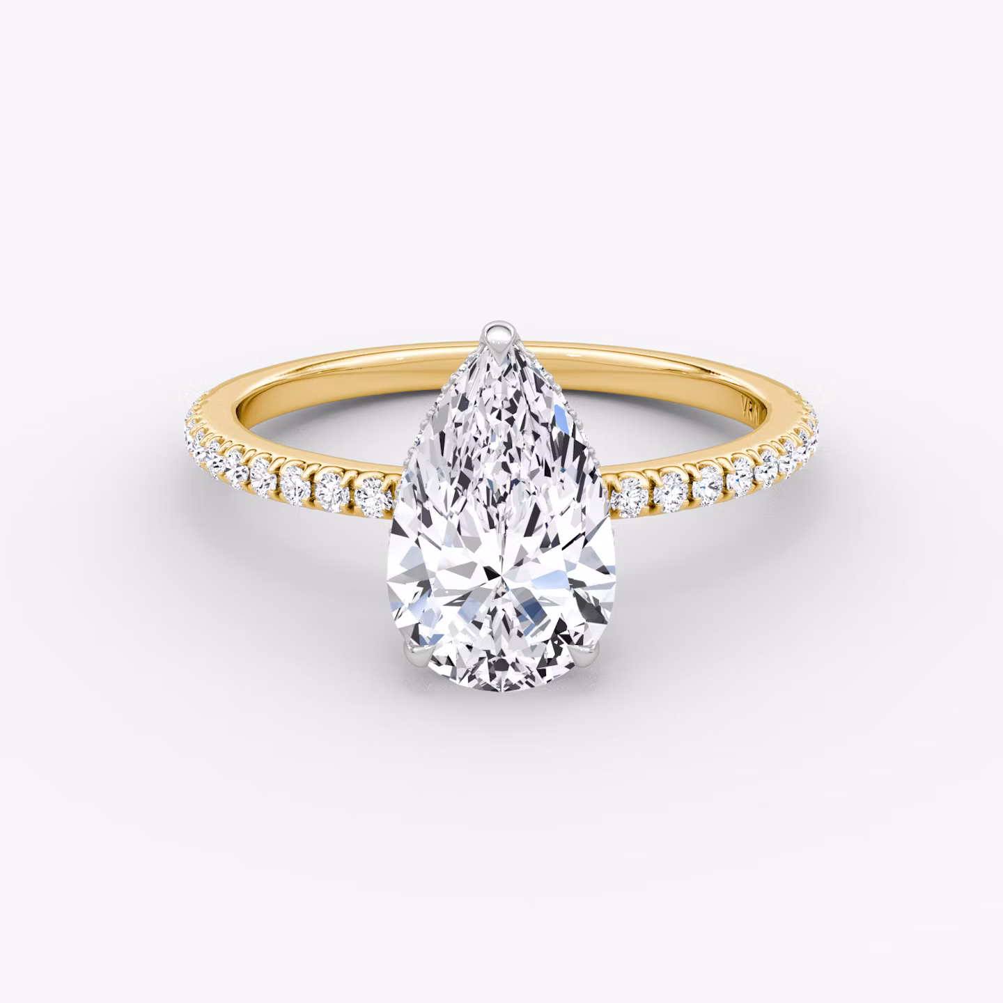 The Signature | Pear | 18k | Yellow Gold and Platinum | bandAccent: Pavé | bandWidth: standard | hiddenHalo: yes | diamondOrientation: vertical | caratWeight: other