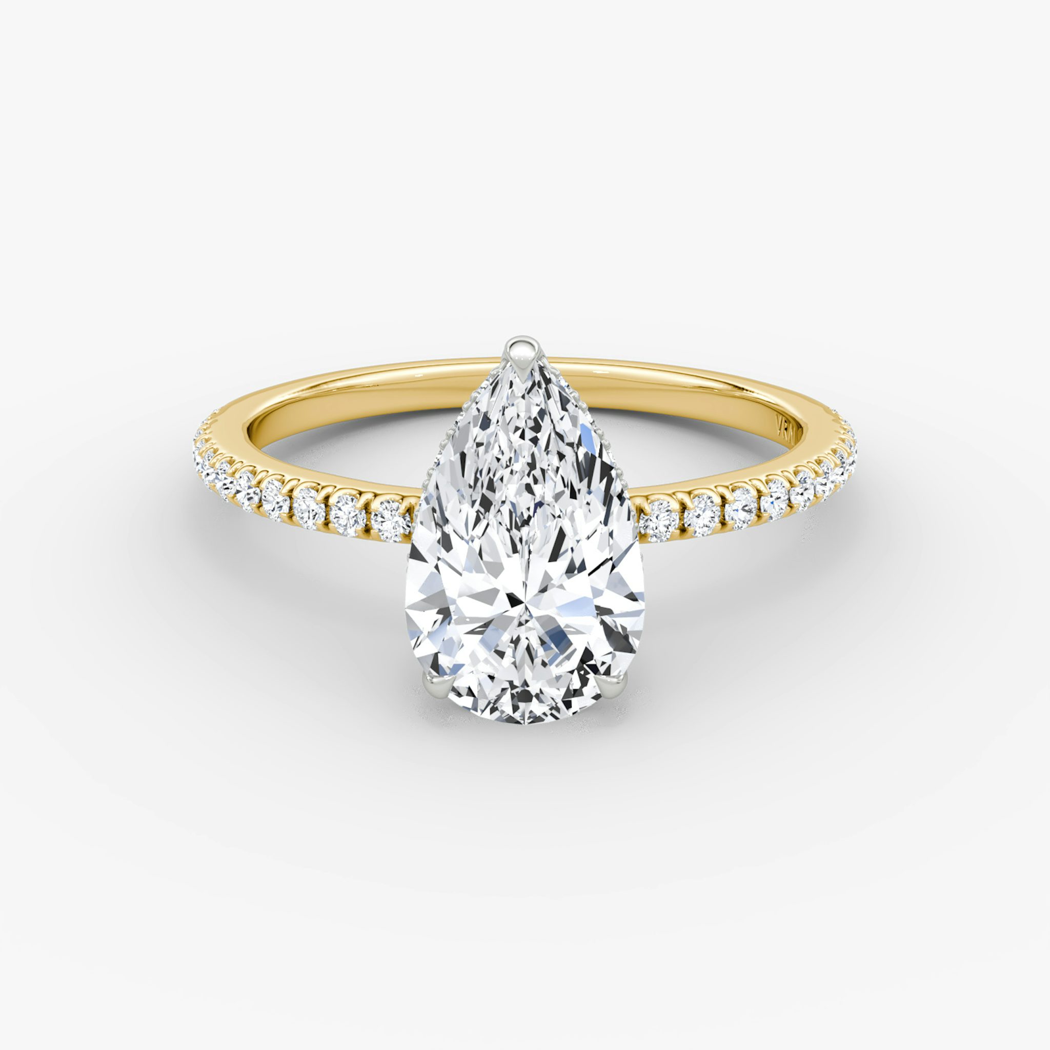 The Signature | Pear | 18k | Yellow Gold and Platinum | bandAccent: Pavé | bandWidth: standard | hiddenHalo: yes | diamondOrientation: vertical | caratWeight: other
