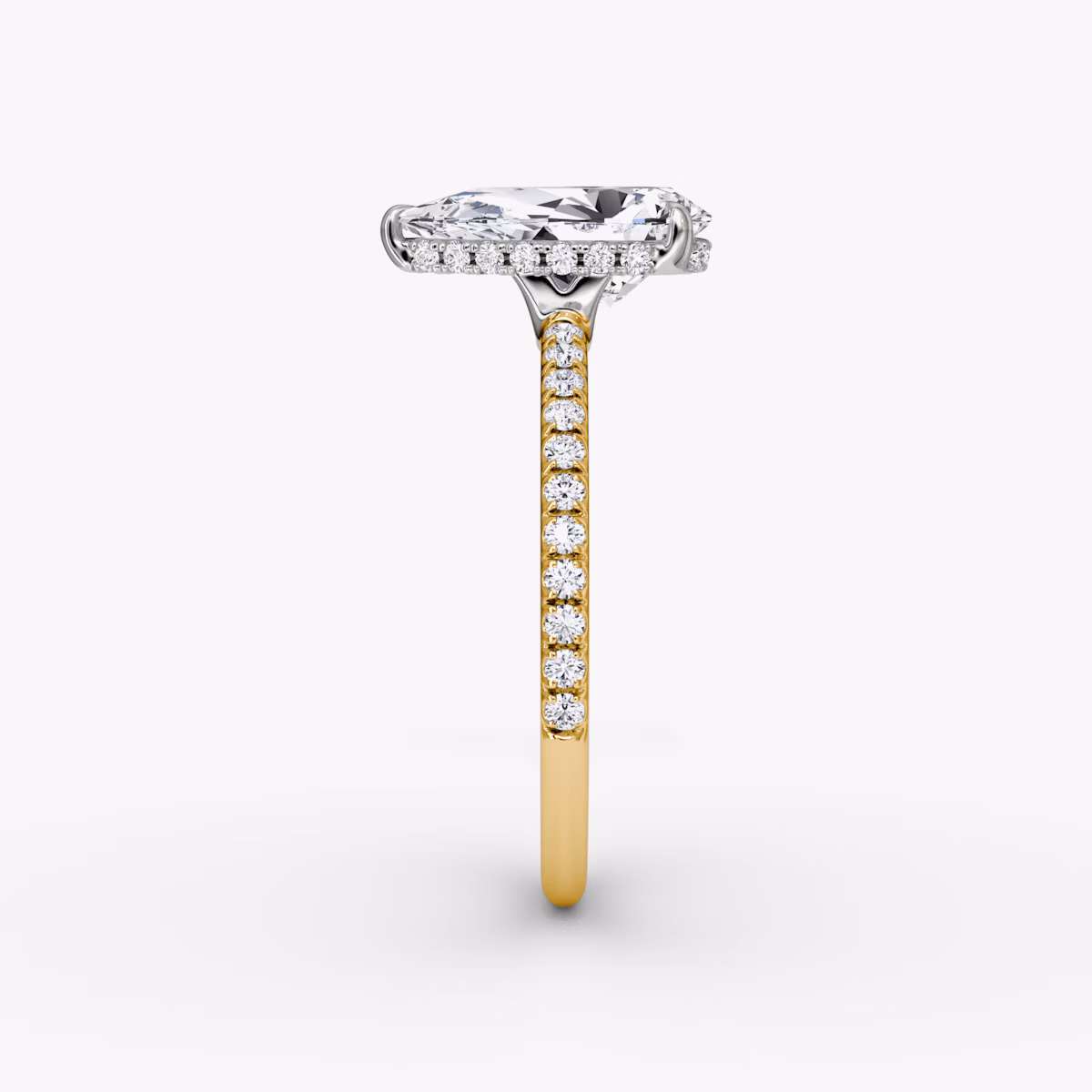 The Signature | Pear | 18k | Yellow Gold and Platinum | bandAccent: Pavé | bandWidth: standard | hiddenHalo: yes | diamondOrientation: vertical | caratWeight: other