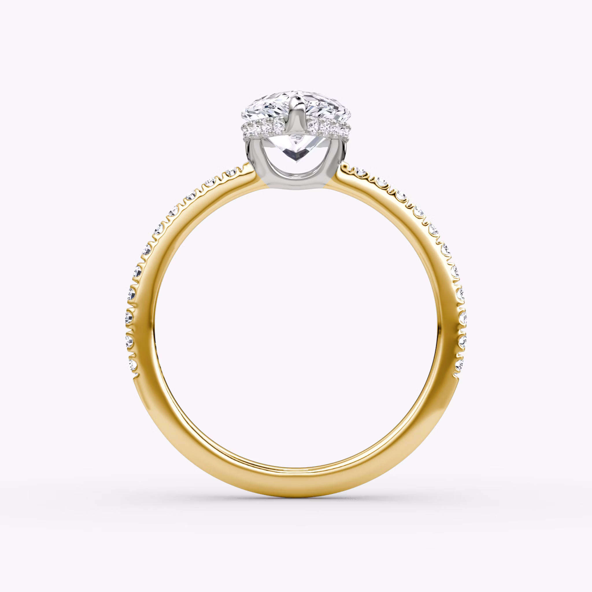 The Signature | Pear | 18k | Yellow Gold and Platinum | bandAccent: Pavé | bandWidth: standard | hiddenHalo: yes | diamondOrientation: vertical | caratWeight: other