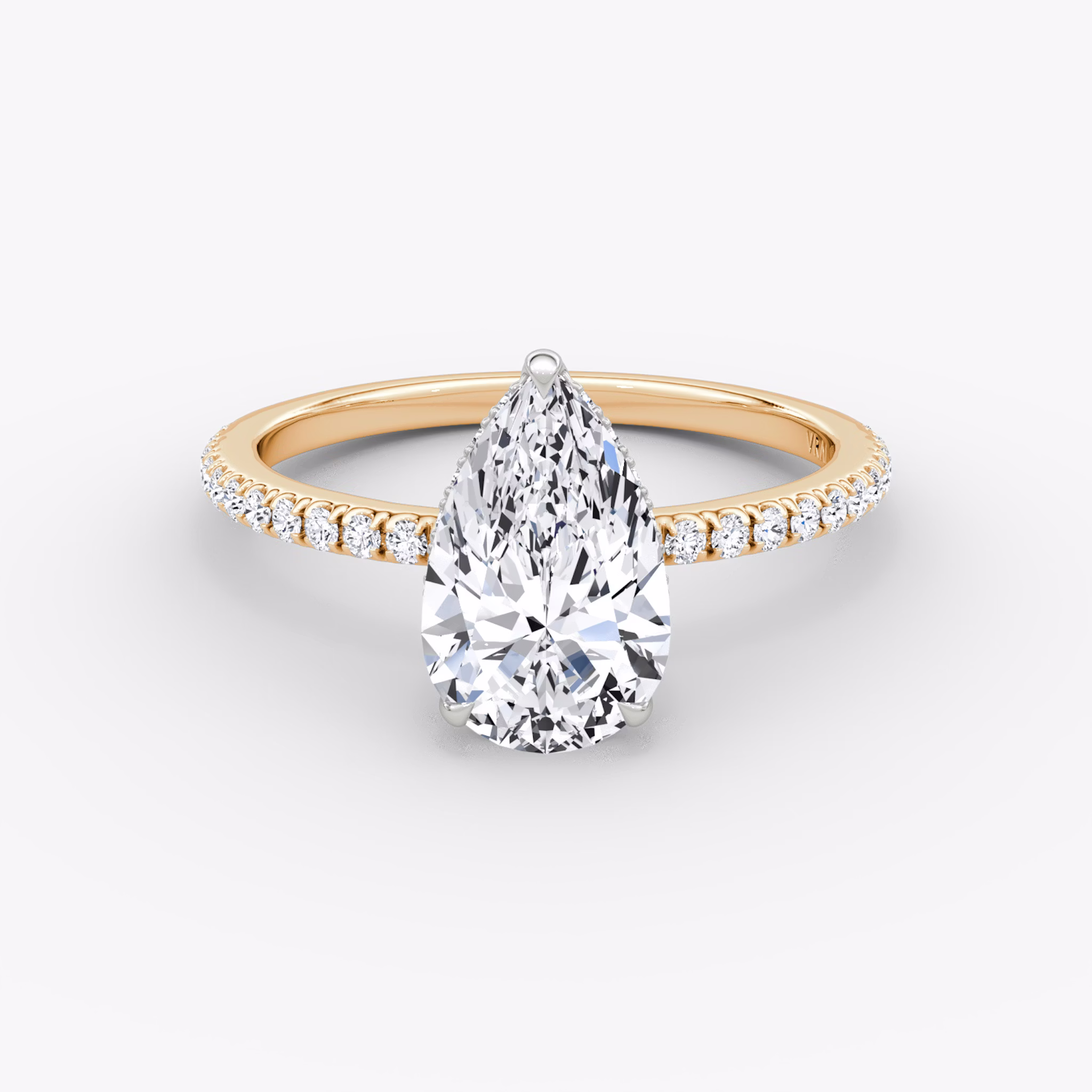 The Signature | Pear | 14k | Rose Gold and Platinum | bandAccent: Pavé | bandWidth: standard | hiddenHalo: yes | diamondOrientation: vertical | caratWeight: other