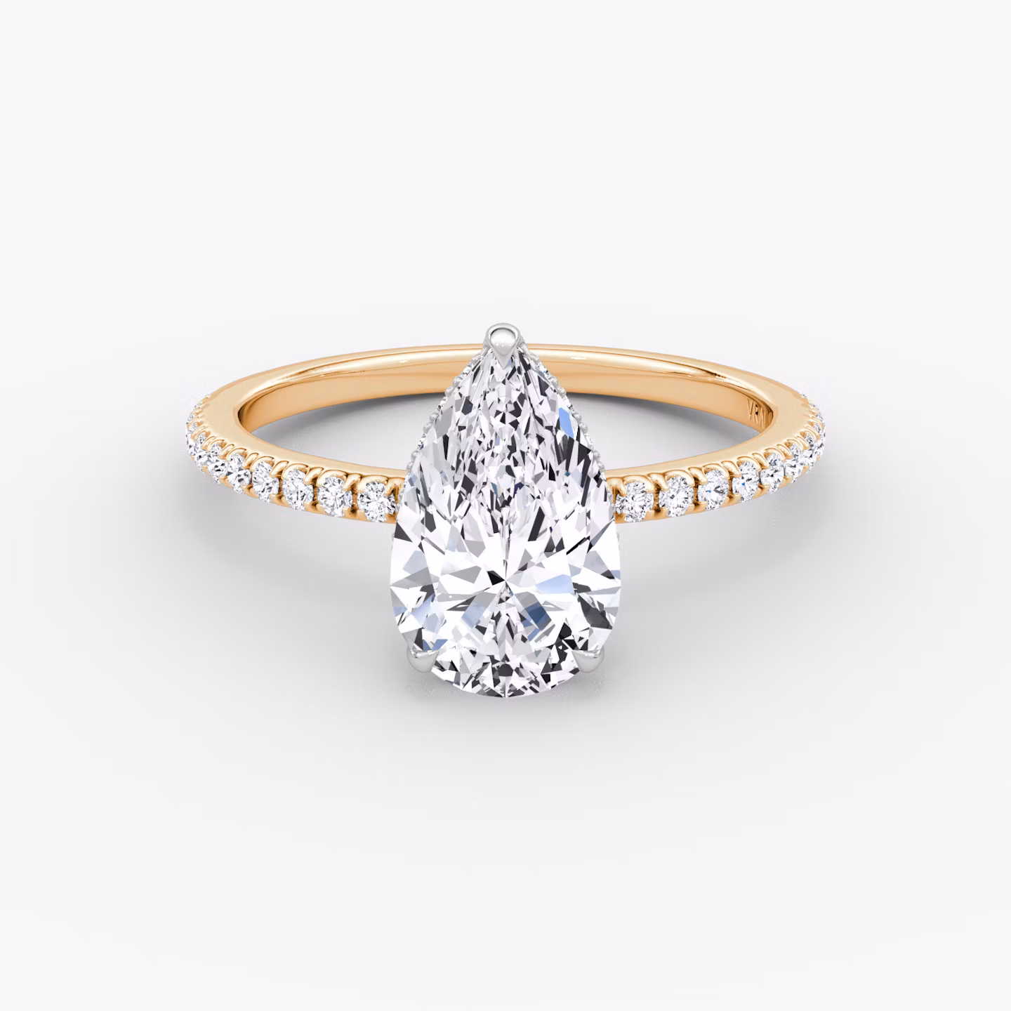 The Signature | Pear | 14k | Rose Gold and Platinum | bandAccent: Pavé | bandWidth: standard | hiddenHalo: yes | diamondOrientation: vertical | caratWeight: other