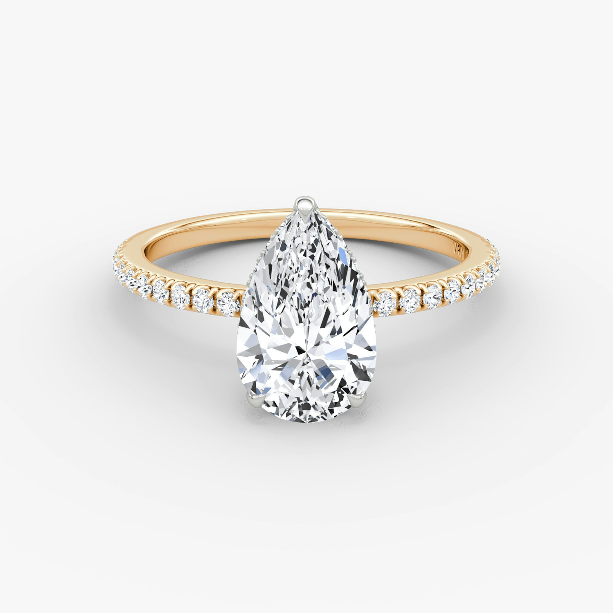 The Signature | Pear | 14k | Rose Gold and Platinum | bandAccent: Pavé | bandWidth: standard | hiddenHalo: yes | diamondOrientation: vertical | caratWeight: other