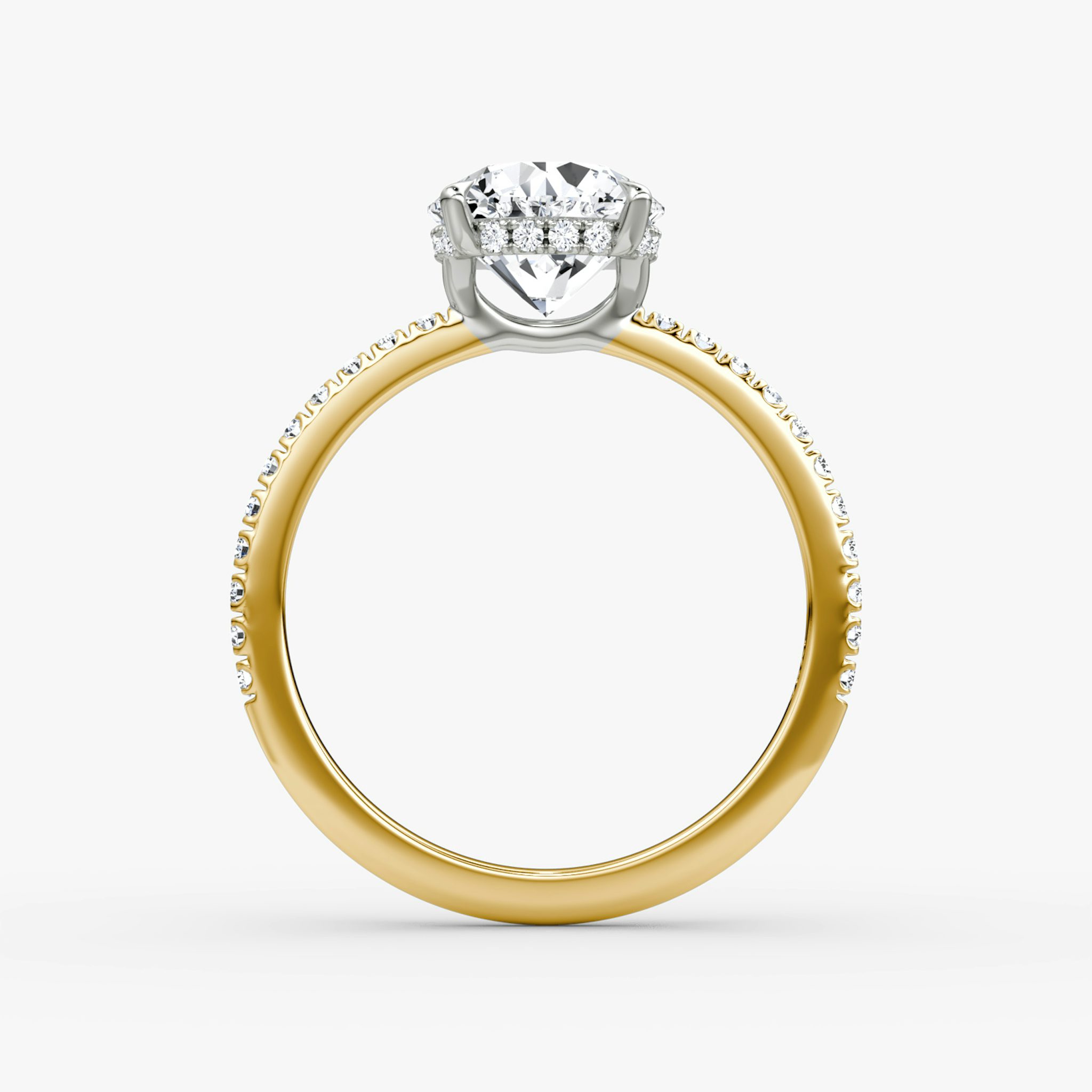 The Signature | Round Brilliant | 18k | Yellow Gold and Platinum | bandAccent: Pavé | bandWidth: standard | caratWeight: other | hiddenHalo: yes | diamondOrientation: vertical