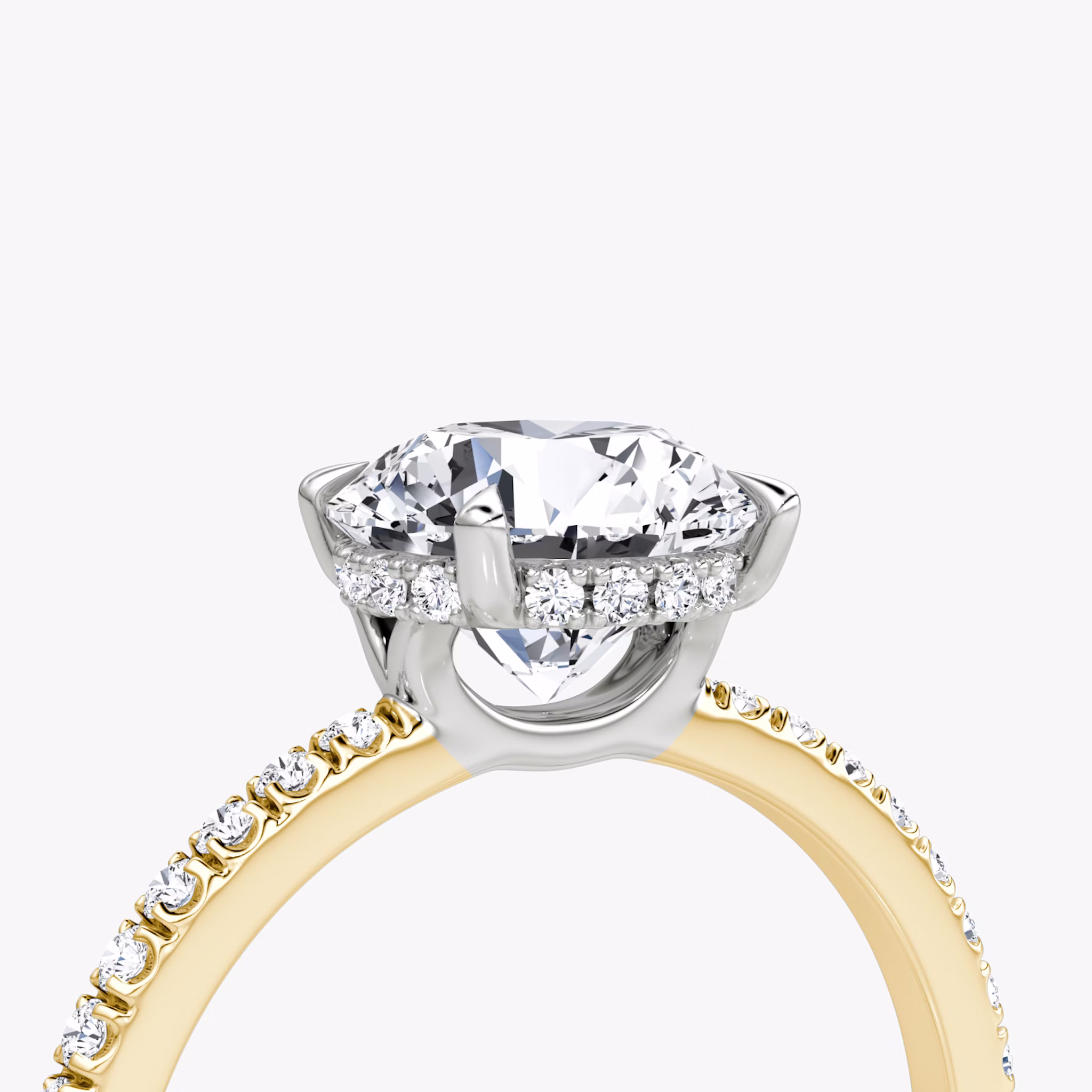 The Signature | Round Brilliant | 18k | Yellow Gold and Platinum | bandAccent: Pavé | bandWidth: standard | caratWeight: 1.0ct | hiddenHalo: yes | diamondOrientation: vertical