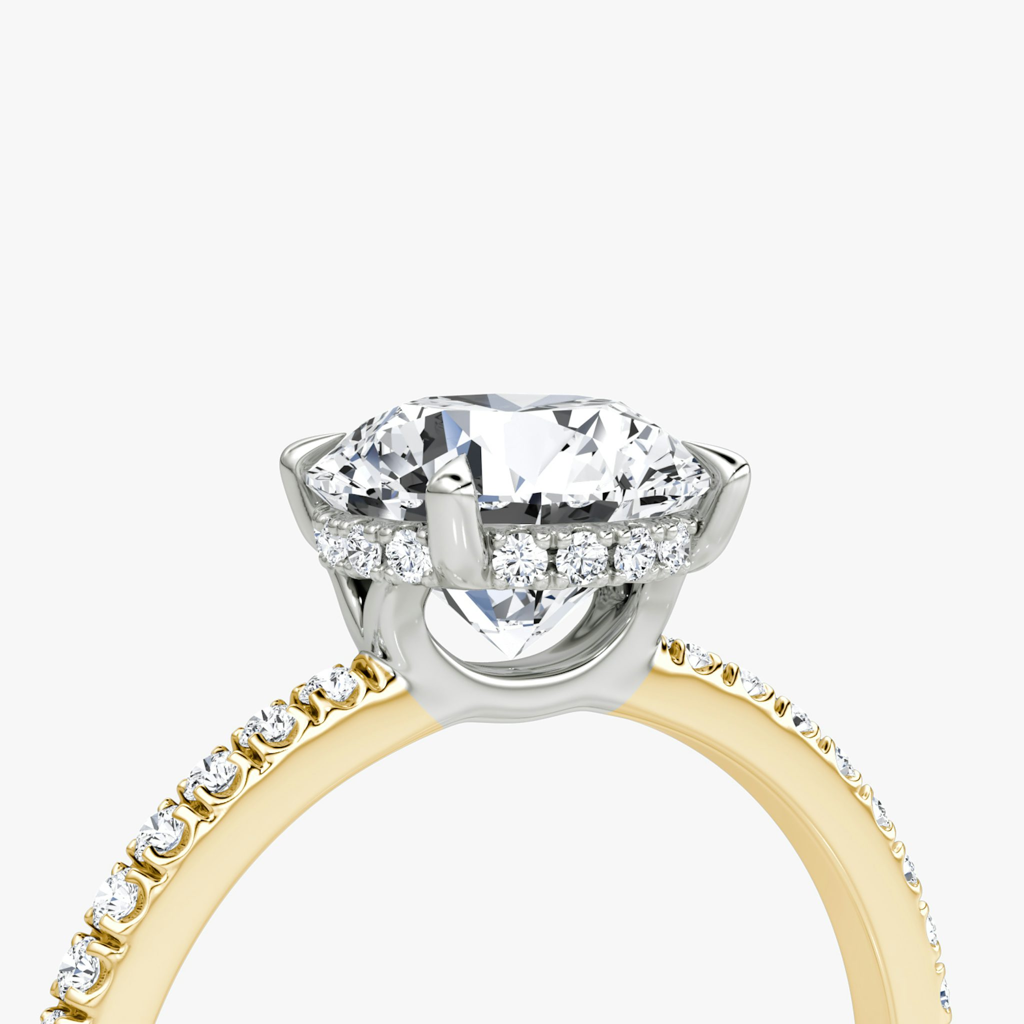 The Signature | Round Brilliant | 18k | Yellow Gold and Platinum | bandAccent: Pavé | bandWidth: standard | caratWeight: 1.0ct | hiddenHalo: yes | diamondOrientation: vertical