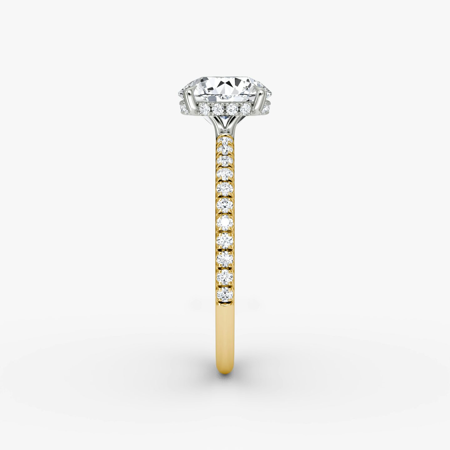 The Signature | Round Brilliant | 18k | Yellow Gold and Platinum | bandAccent: Pavé | bandWidth: standard | caratWeight: 1.0ct | hiddenHalo: yes | diamondOrientation: vertical