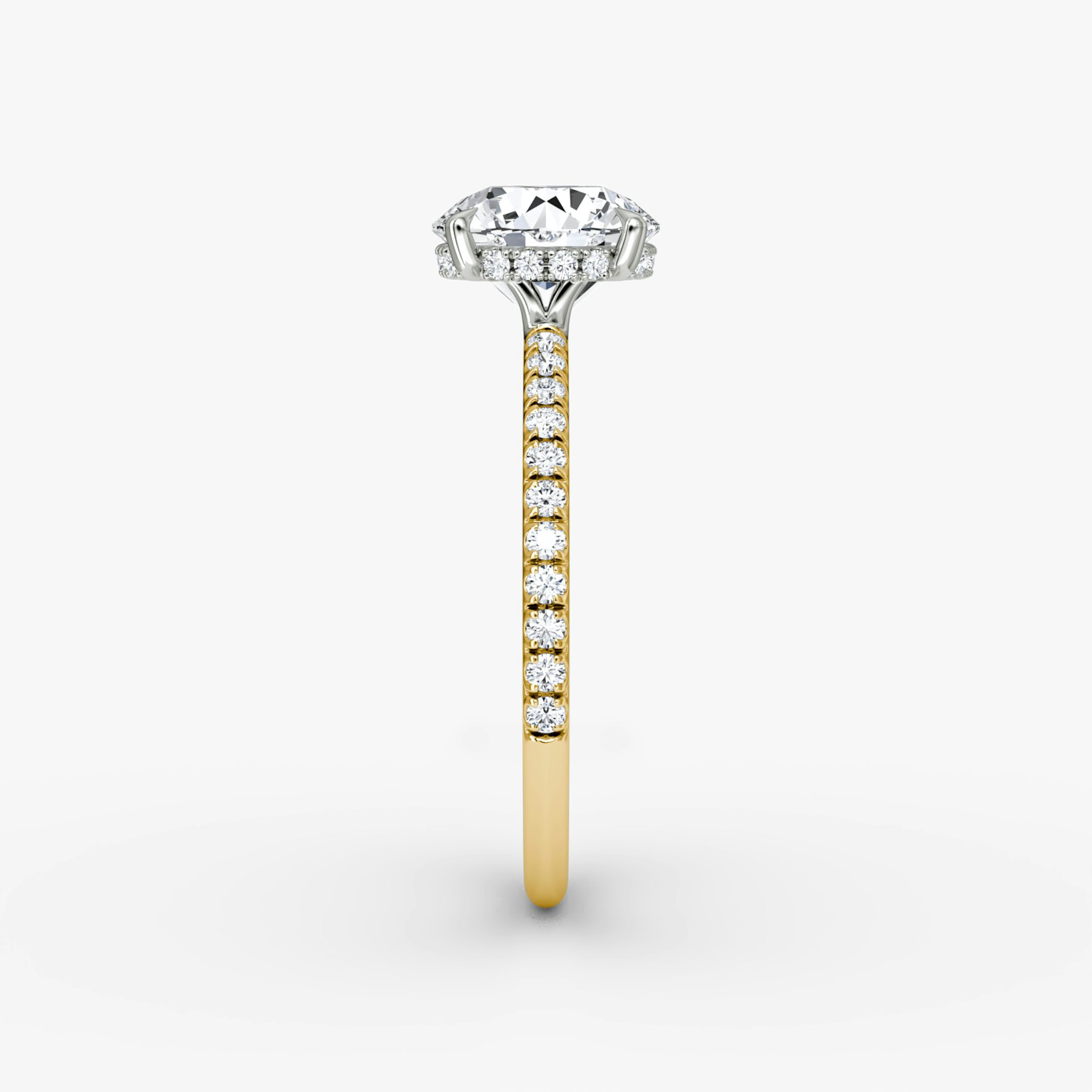 The Signature | Round Brilliant | 18k | Yellow Gold and Platinum | bandAccent: Pavé | bandWidth: standard | caratWeight: 1.0ct | hiddenHalo: yes | diamondOrientation: vertical