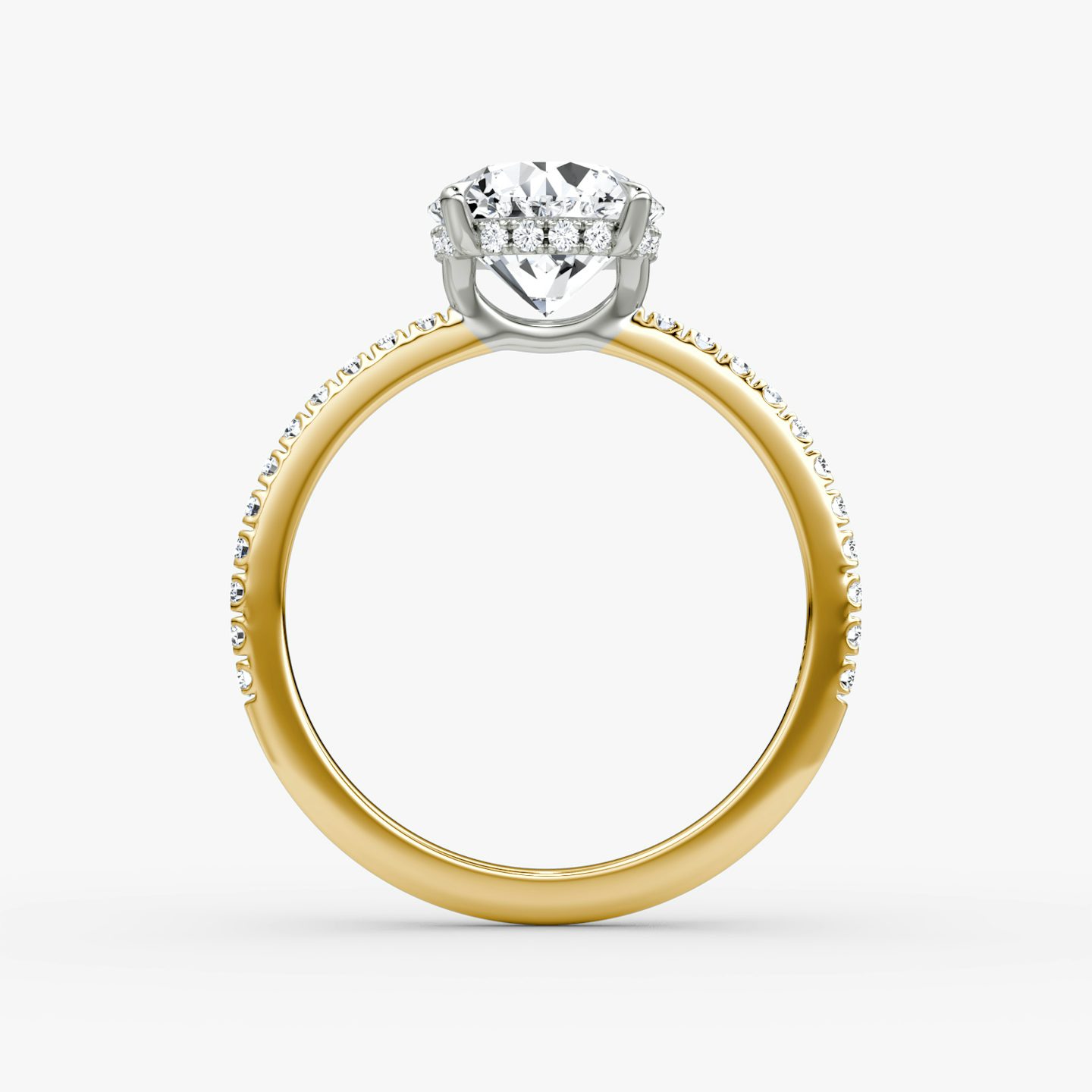 The Signature | Round Brilliant | 18k | Yellow Gold and Platinum | bandAccent: Pavé | bandWidth: standard | caratWeight: 1.0ct | hiddenHalo: yes | diamondOrientation: vertical