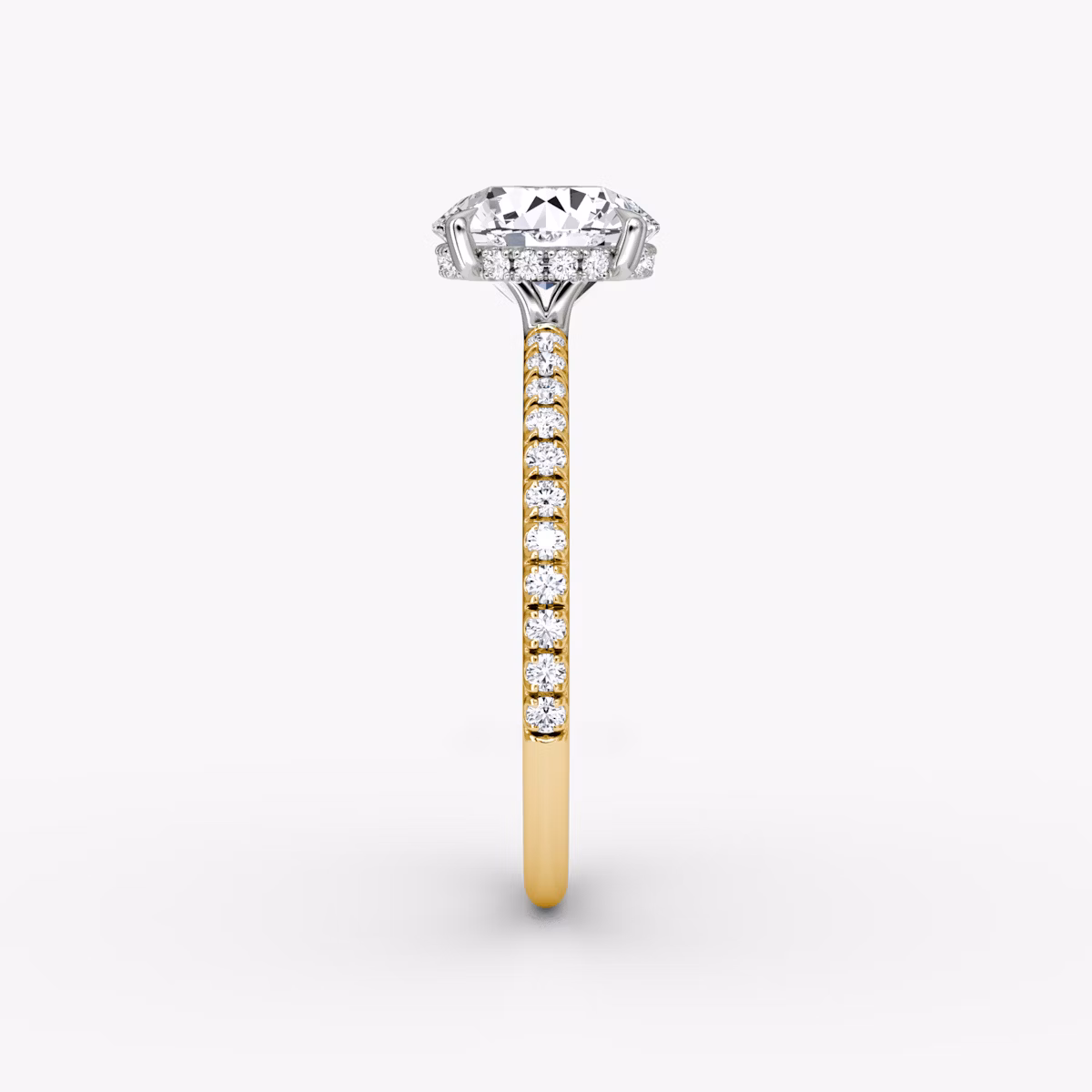 The Signature | Round Brilliant | 18k | Yellow Gold and Platinum | bandAccent: Pavé | bandWidth: standard | caratWeight: 2.0ct | hiddenHalo: yes | diamondOrientation: vertical