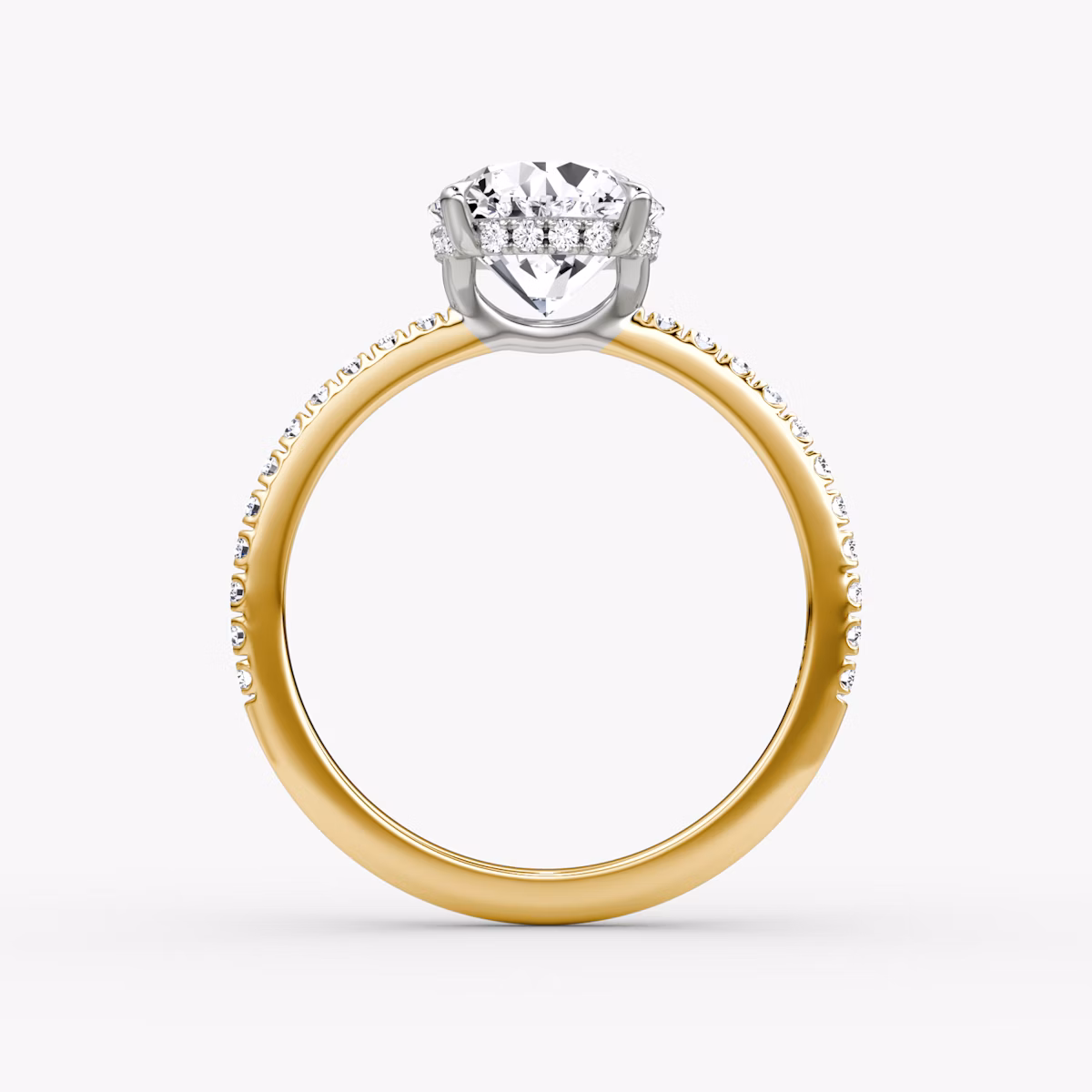 The Signature | Round Brilliant | 18k | Yellow Gold and Platinum | bandAccent: Pavé | bandWidth: standard | caratWeight: 2.0ct | hiddenHalo: yes | diamondOrientation: vertical